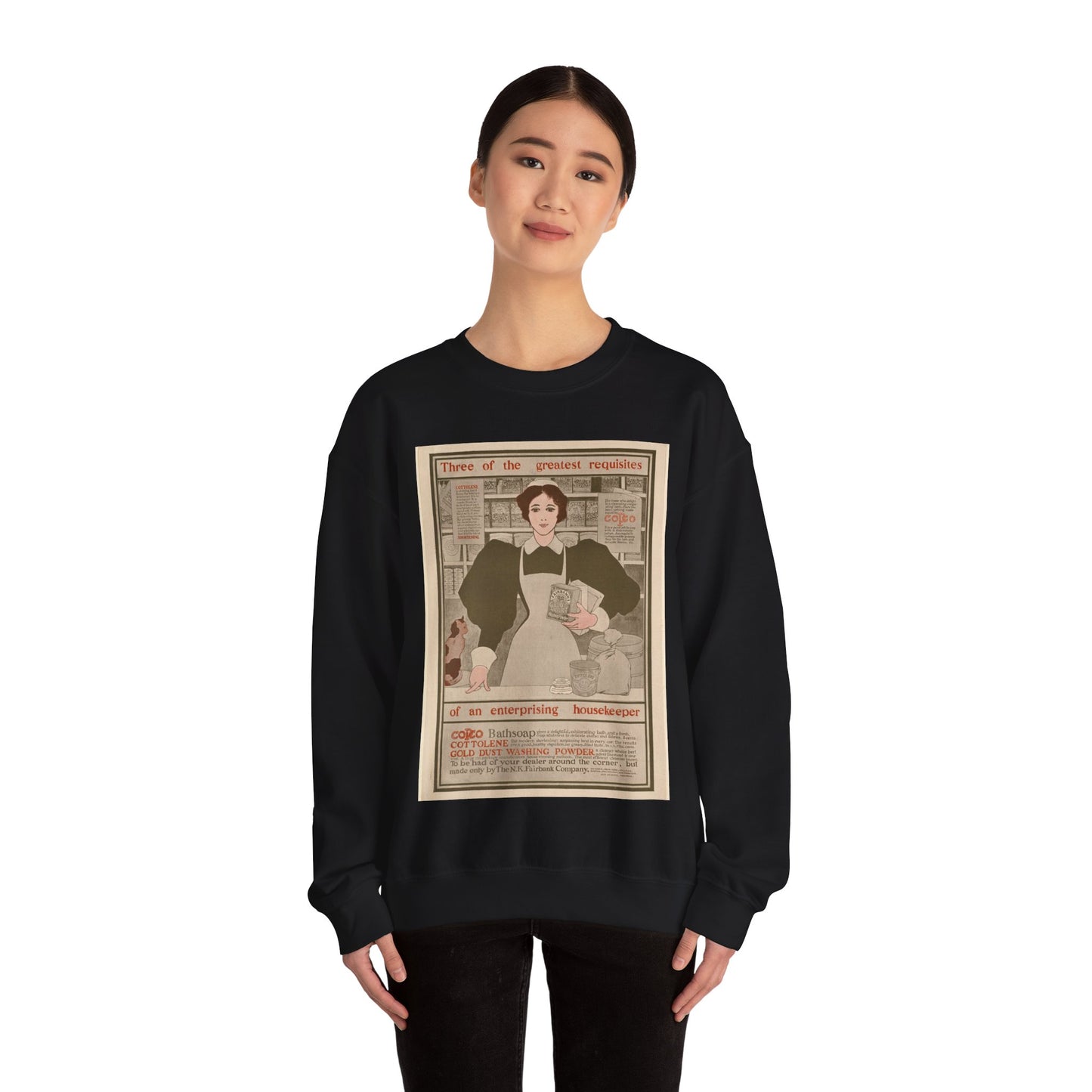 Three of the greatest requisites of an enterprising housekeeper - Copco, Cottolene, Gold Dust washing powder Black Heavy Blend Adult Crew Neck SweatShirt