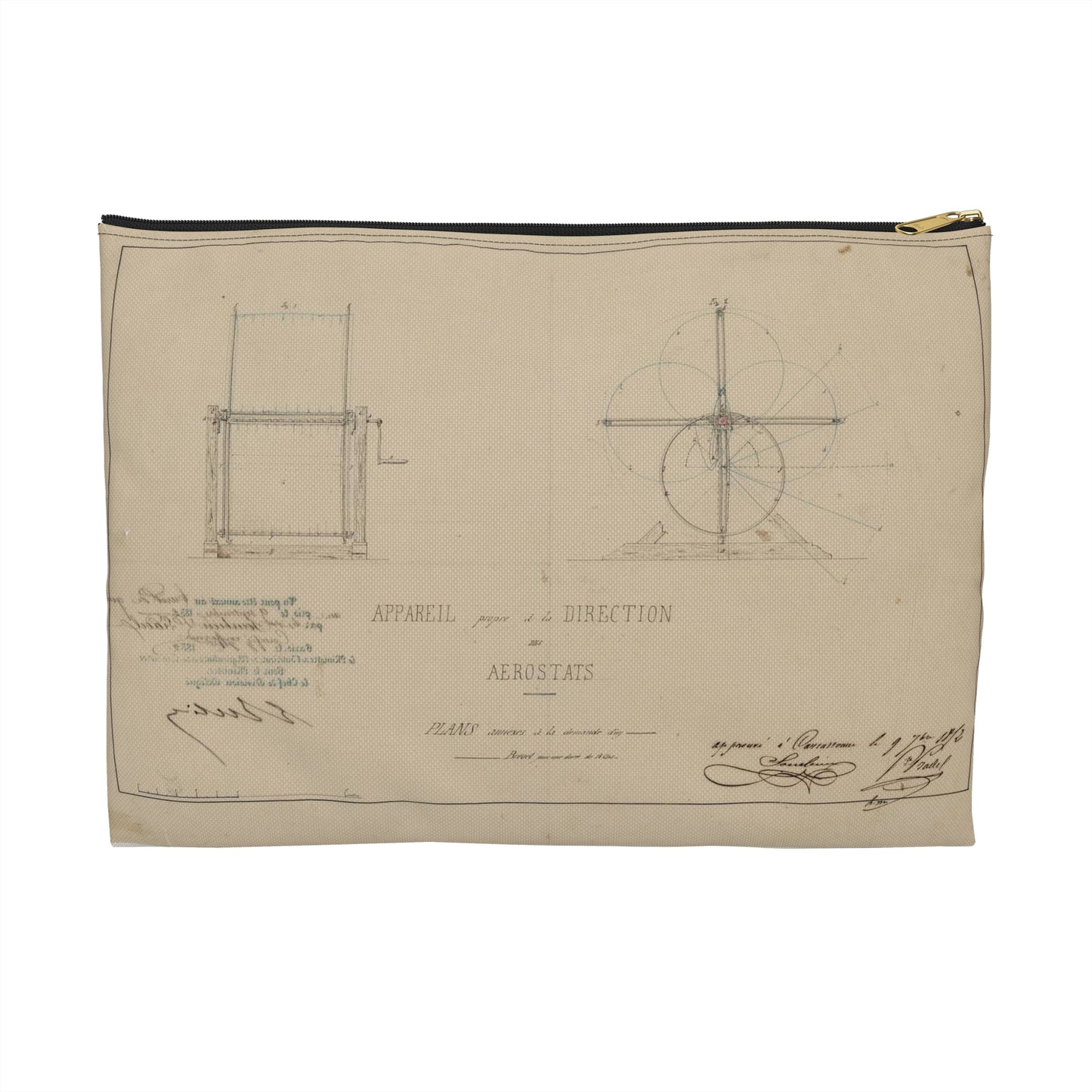 Patent drawing - Appareil propre à la direction des aerostats plans annèxes à la demande d'un brevet pour une durée de 15 ans / / apprové à [...] Sourbieu & Pre. Pradel, 1852 septembre 9. Public domain  image Large Organizer Pouch with Black Zipper