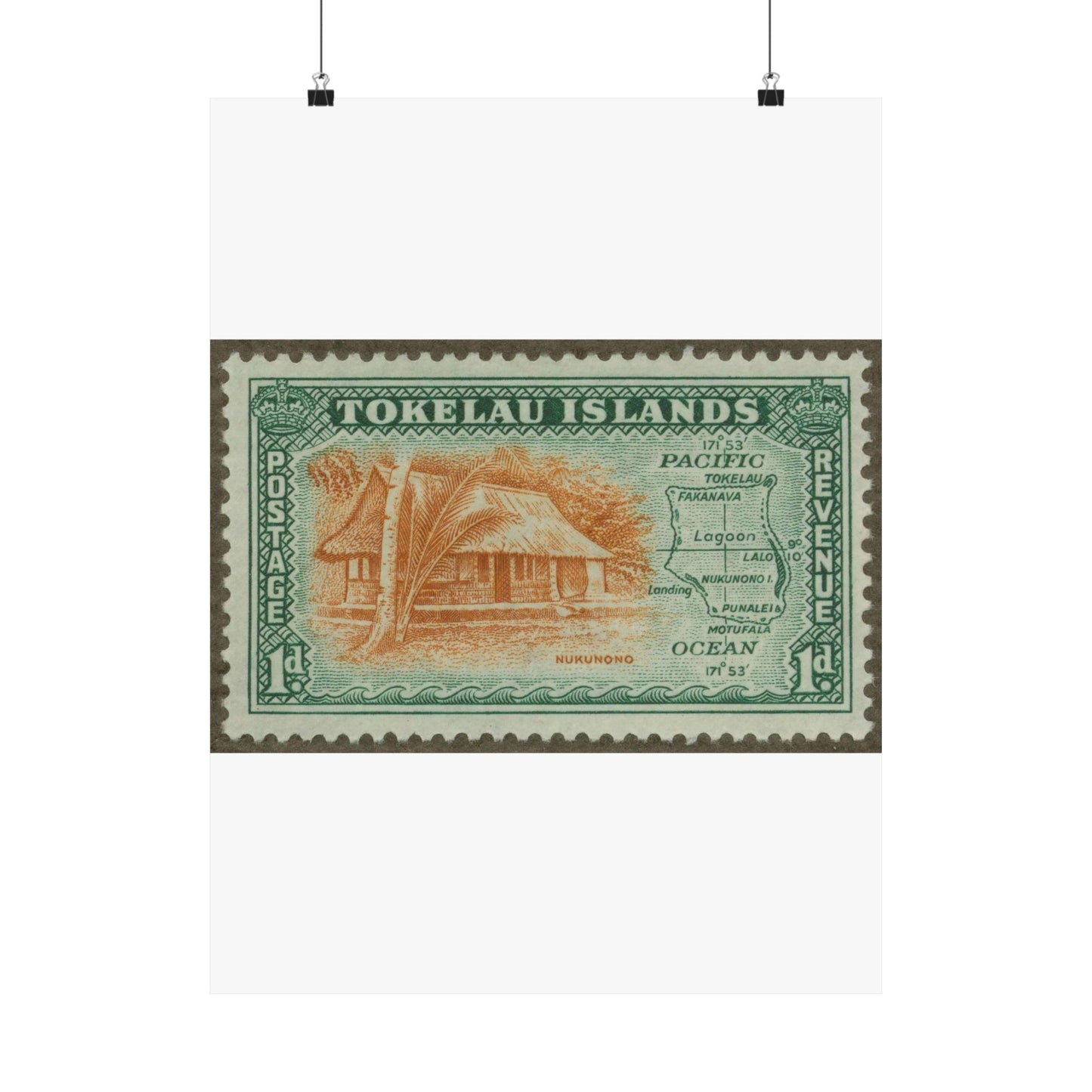 Frimärke ur Gösta Bodmans filatelistiska motivsamling, påbörjad 1950.Frimärke från  Tokelau-öarna, 1948. Motiv av hydda från ön Nokonono samt karta över Tokelau-öarna. High Quality Matte Wall Art Poster for Home, Office, Classroom