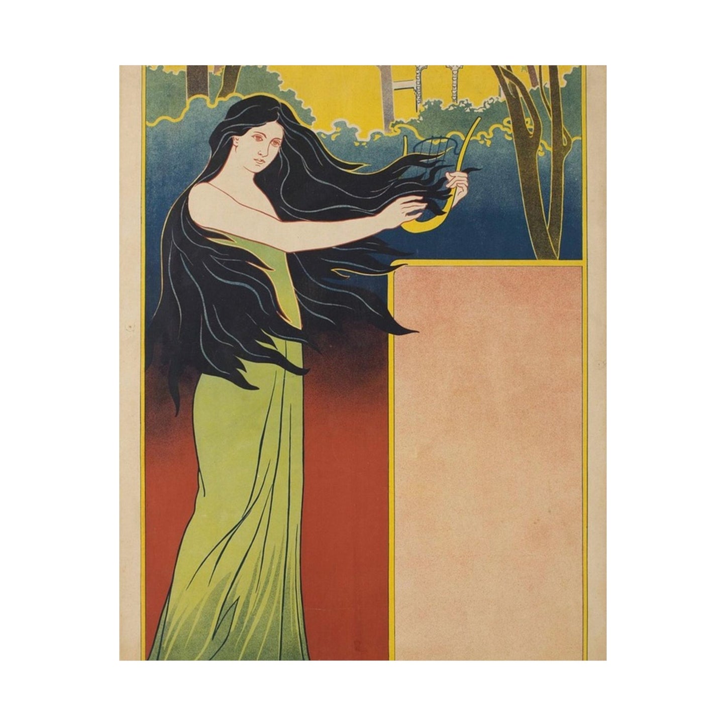 A painting of a woman with long black hair. Vintage art deco, beauty fashion. High Quality Matte Wall Art Poster for Home, Office, Classroom