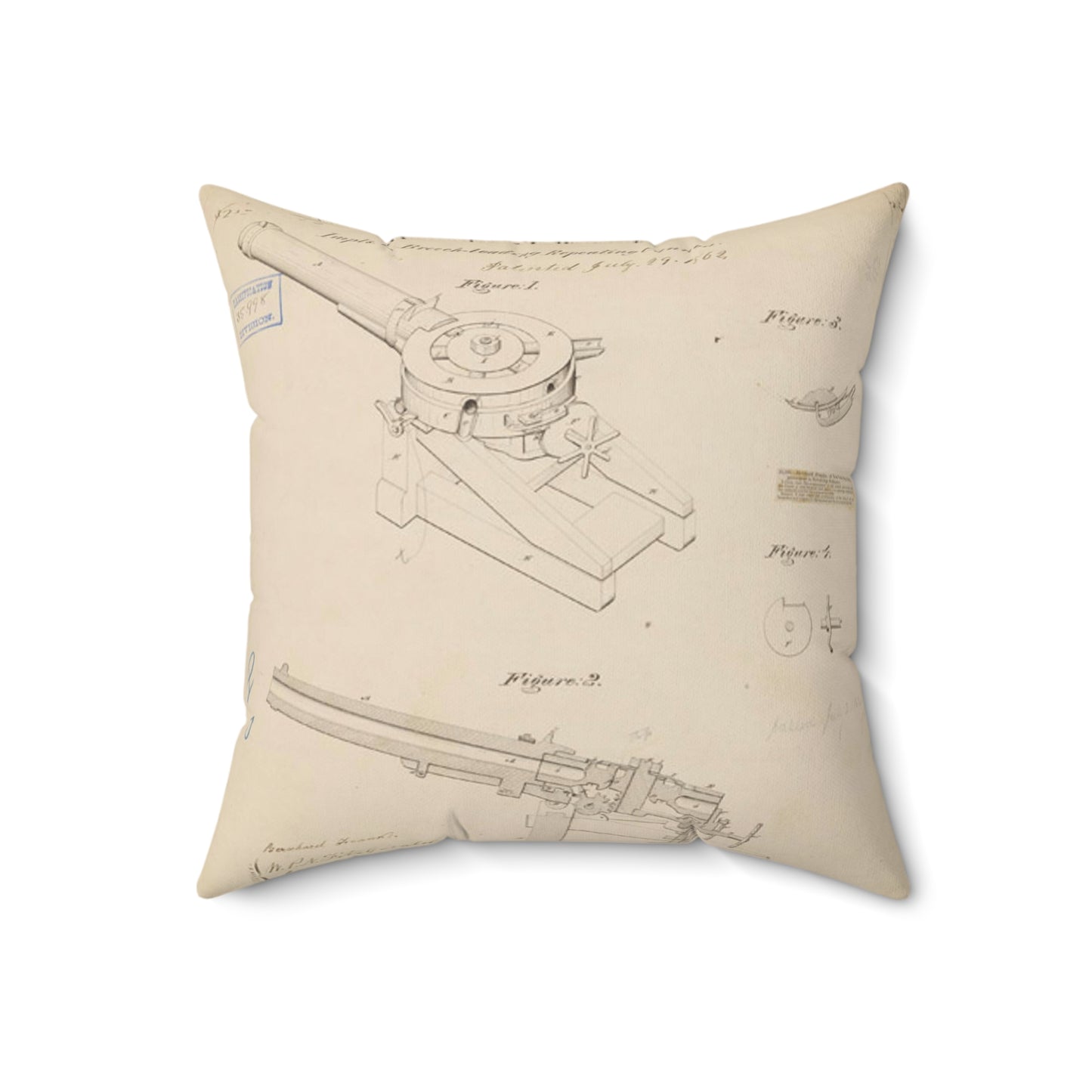 Patent drawing - Drawing of Improvements in Breech-Loading Repeating Cannon Public domain  image Decorative Accent Square Pillow