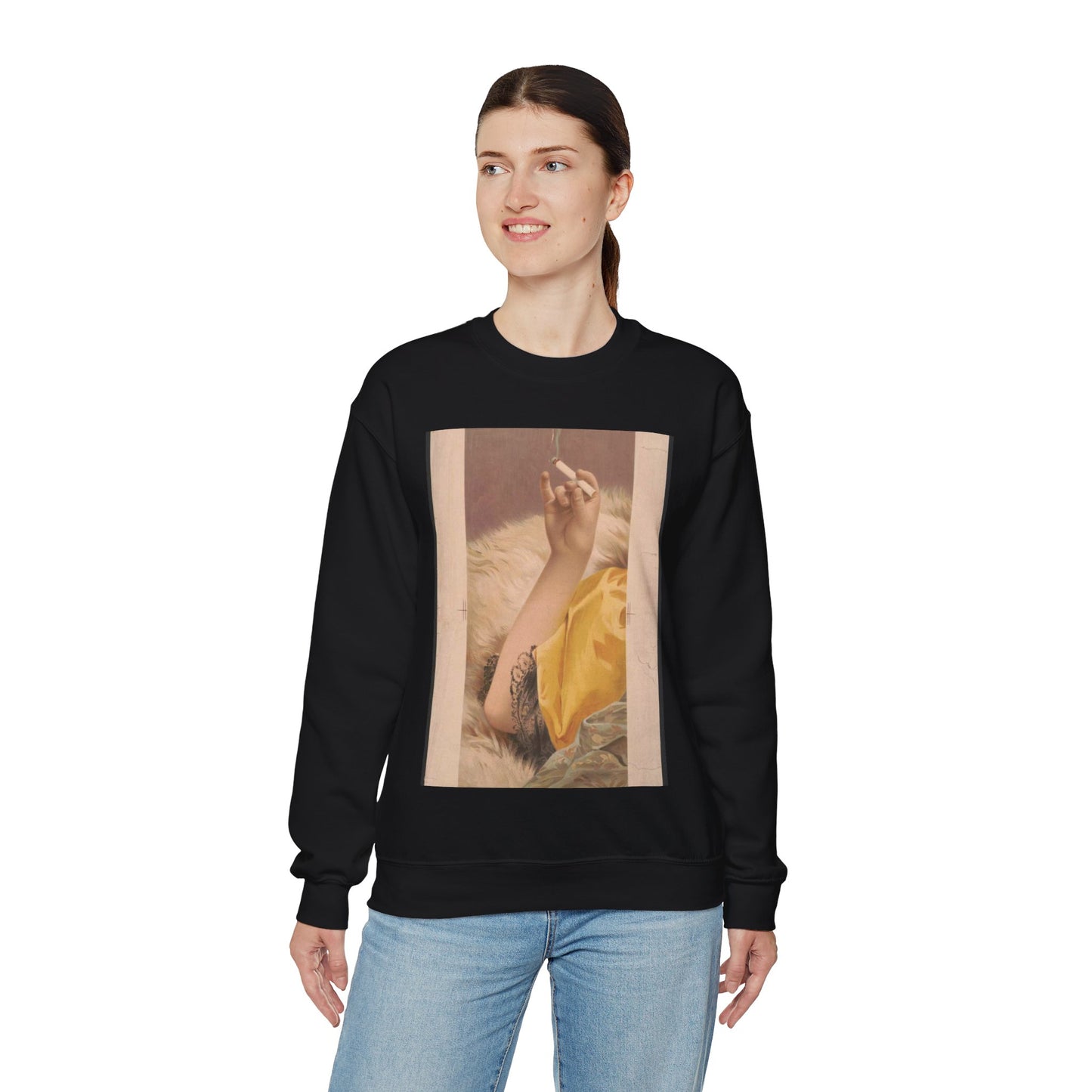 Arm of woman holding a lit cigarette Black Heavy Blend Adult Crew Neck SweatShirt