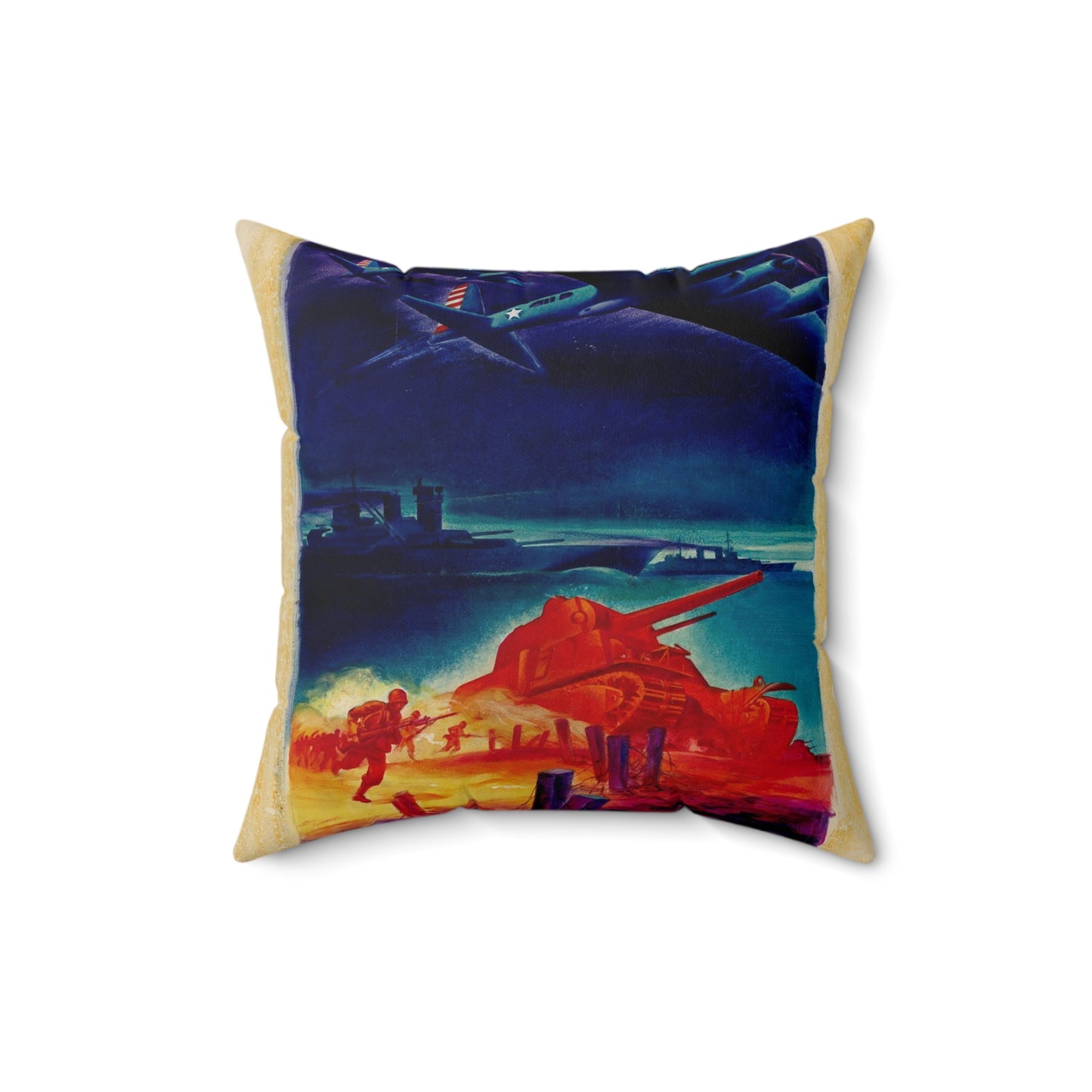 [Infantry, tanks, ships, airplanes attacking] [R.G.] Decorative Accent Square Pillow