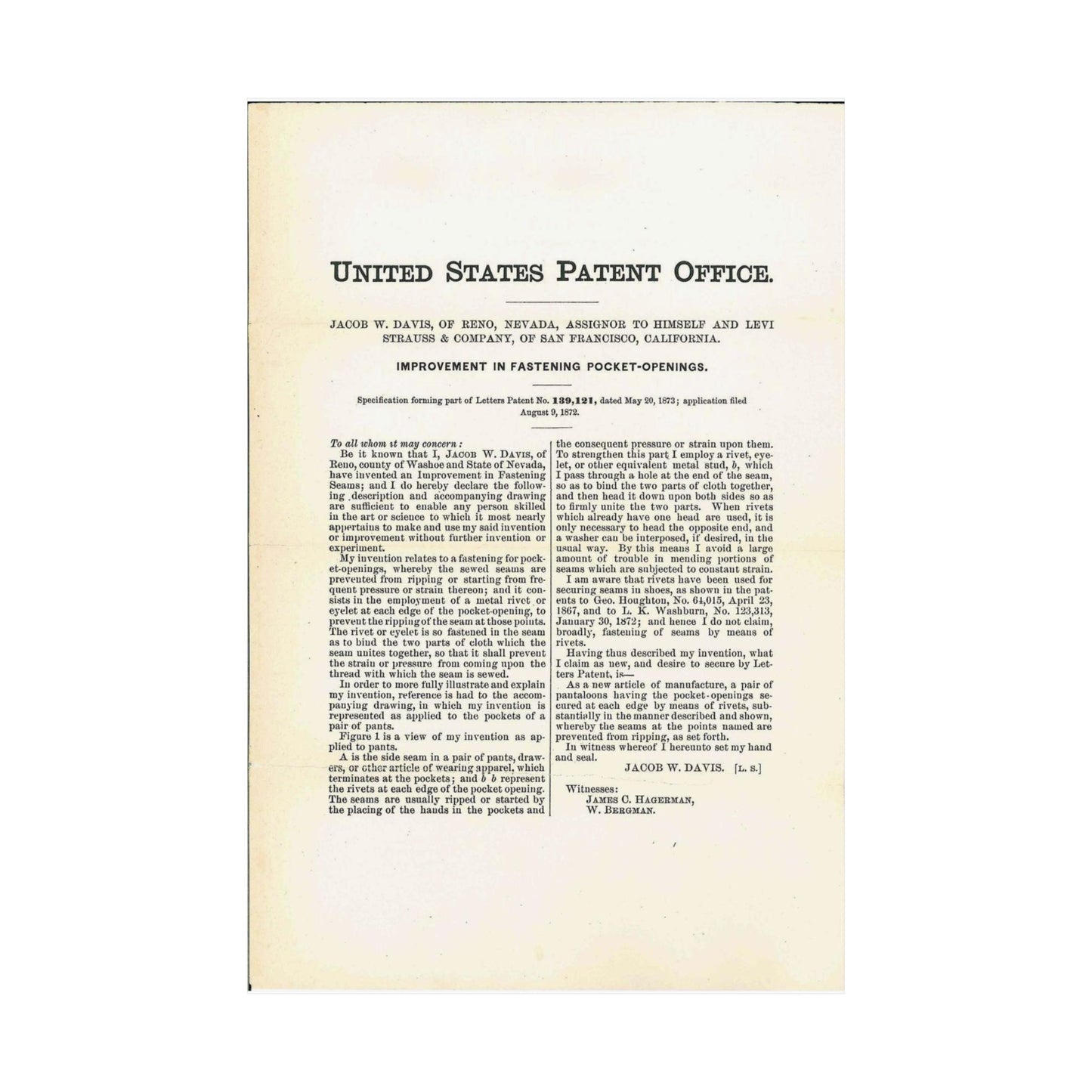 Patent Case File No. 139,121, Improvement in Fastening Pocket Openings, Inventor- Jacob W. Davis - DPLA - afb017b06366ded5b3d9735cb413b735 (page 29) High Quality Matte Wall Art Poster for Home, Office, Classroom