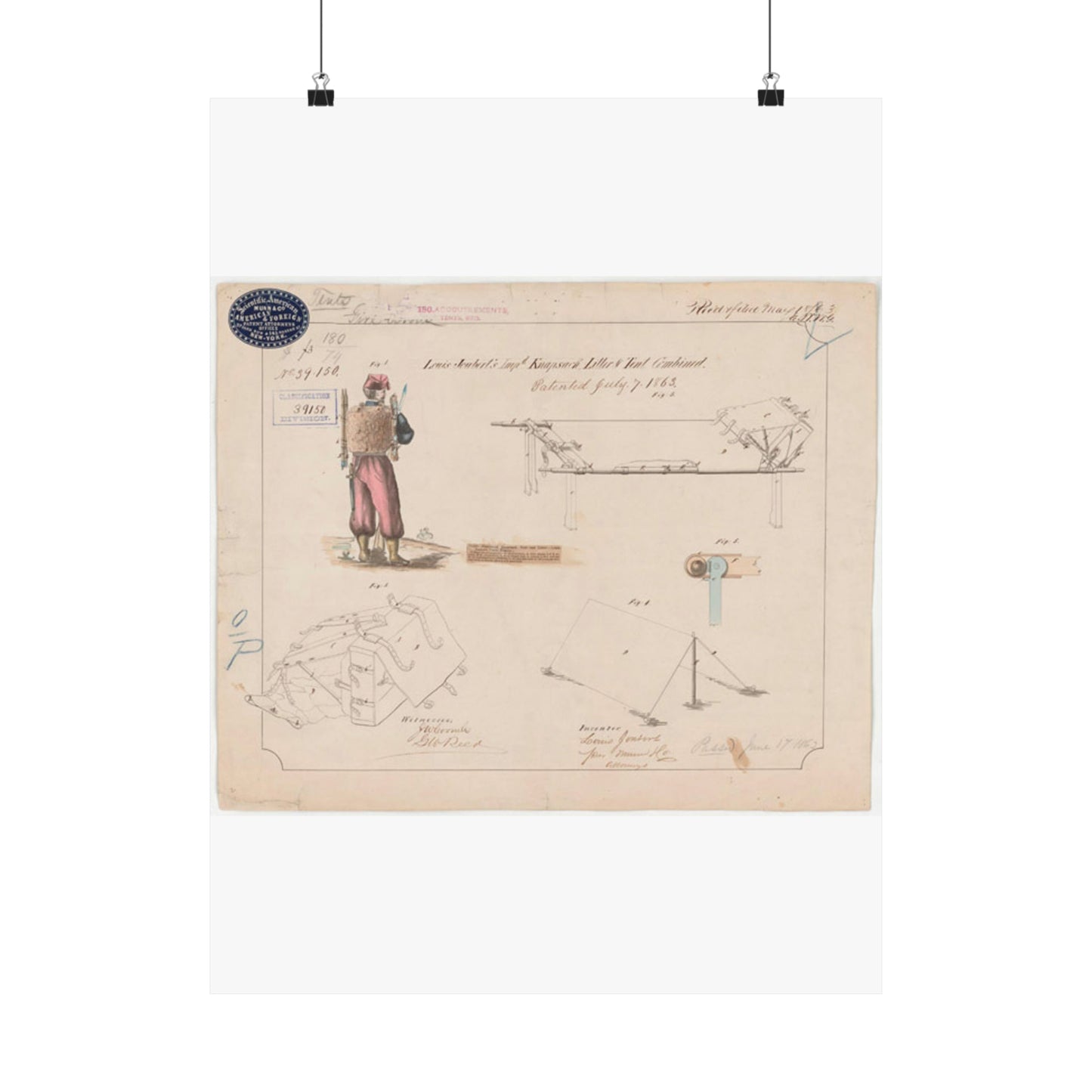 Patent drawing - Drawing of Improved Knapsack, Litter and Tent Combined Public domain  image High Quality Matte Wall Art Poster for Home, Office, Classroom