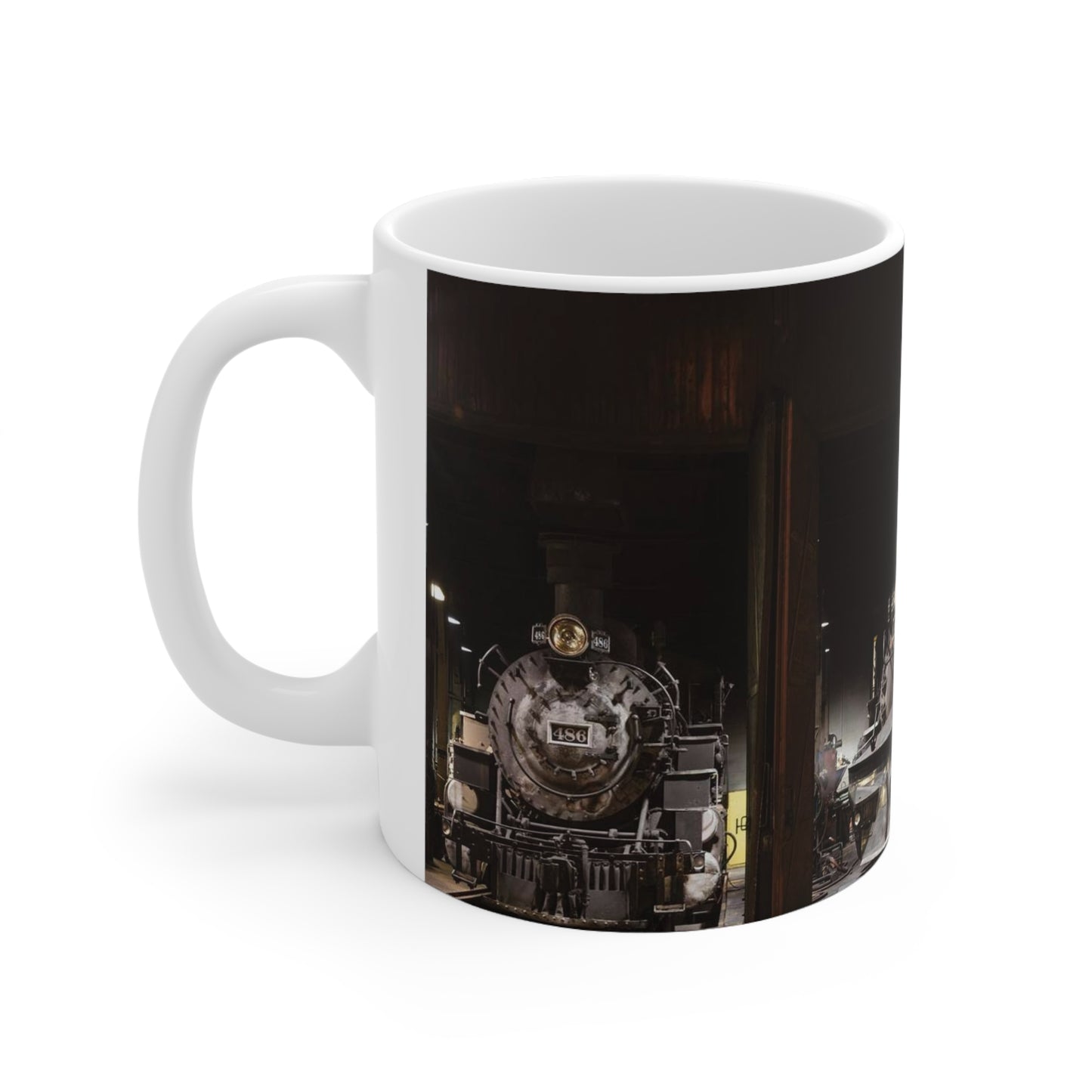 Steam locomotives in the roundhouse of the Durango & Silverton Narrow Gauge Scenic Railroad in Durango, Colorado Beautiful Novelty Ceramic Coffee Mug 11oz