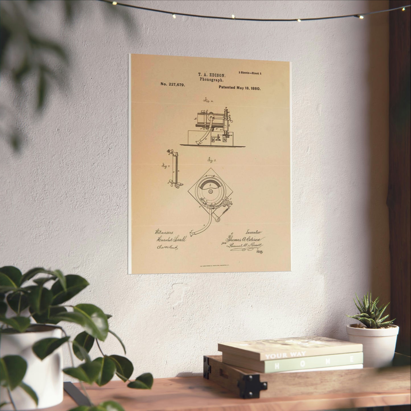 Patent Drawing of Engine - Drawing for a Phonograph Public domain  image High Quality Matte Wall Art Poster for Home, Office, Classroom