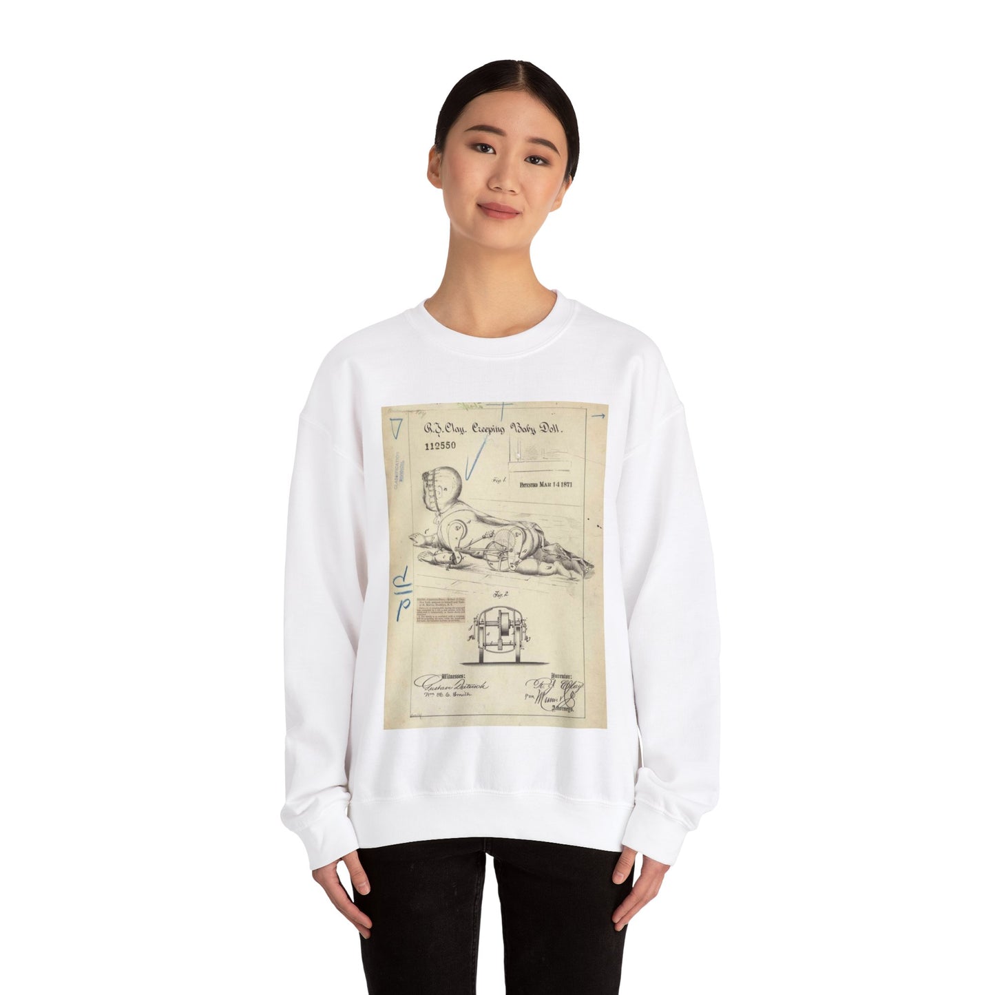 Patent drawing - Drawing of Creeping Baby Doll Public domain  image White Heavy Blend Adult Crew Neck SweatShirt