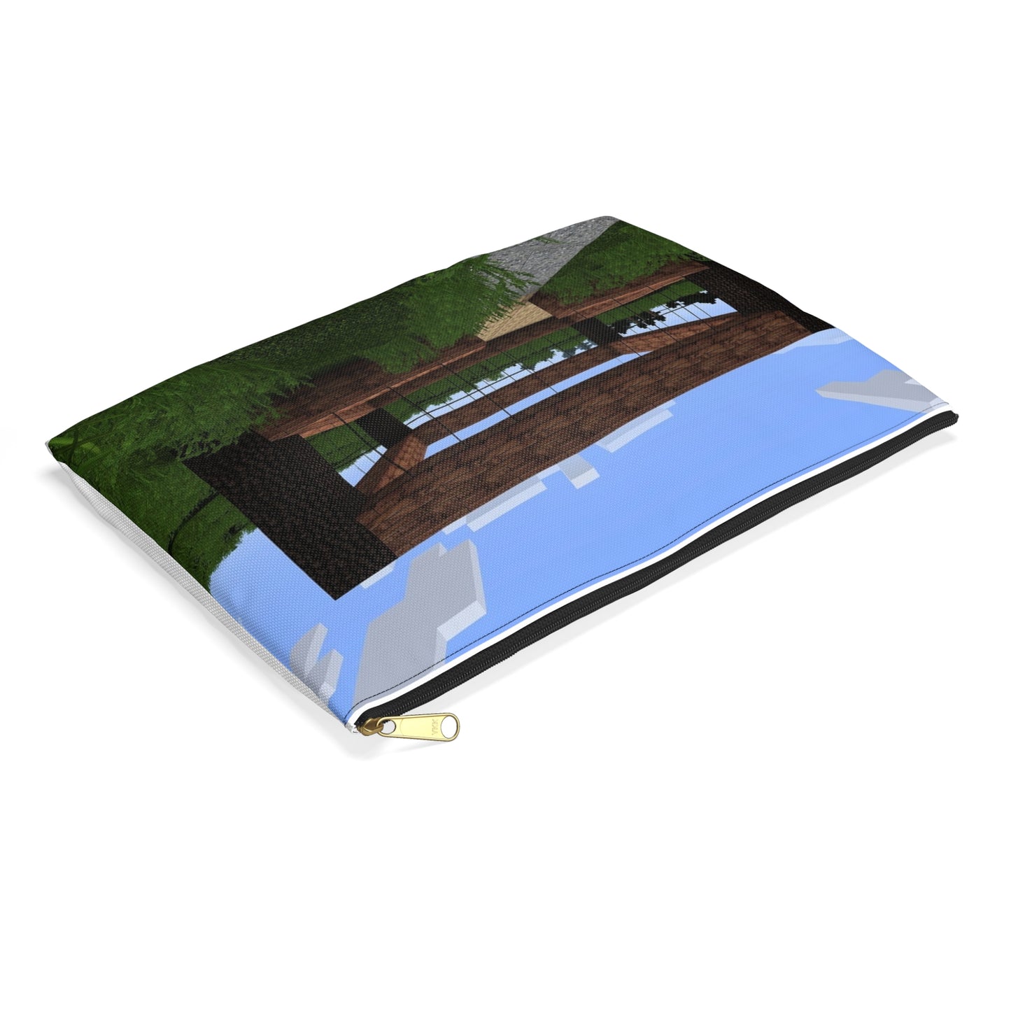 A bench in the middle of a field. Minecraft video game sky. Large Organizer Pouch with Black Zipper