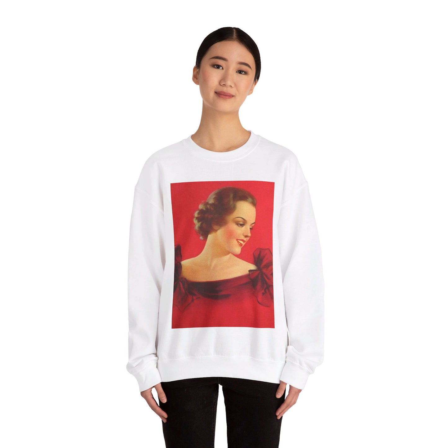 Brunette girl head, red background, painting by Edward Mason Eggleston White Heavy Blend Adult Crew Neck SweatShirt