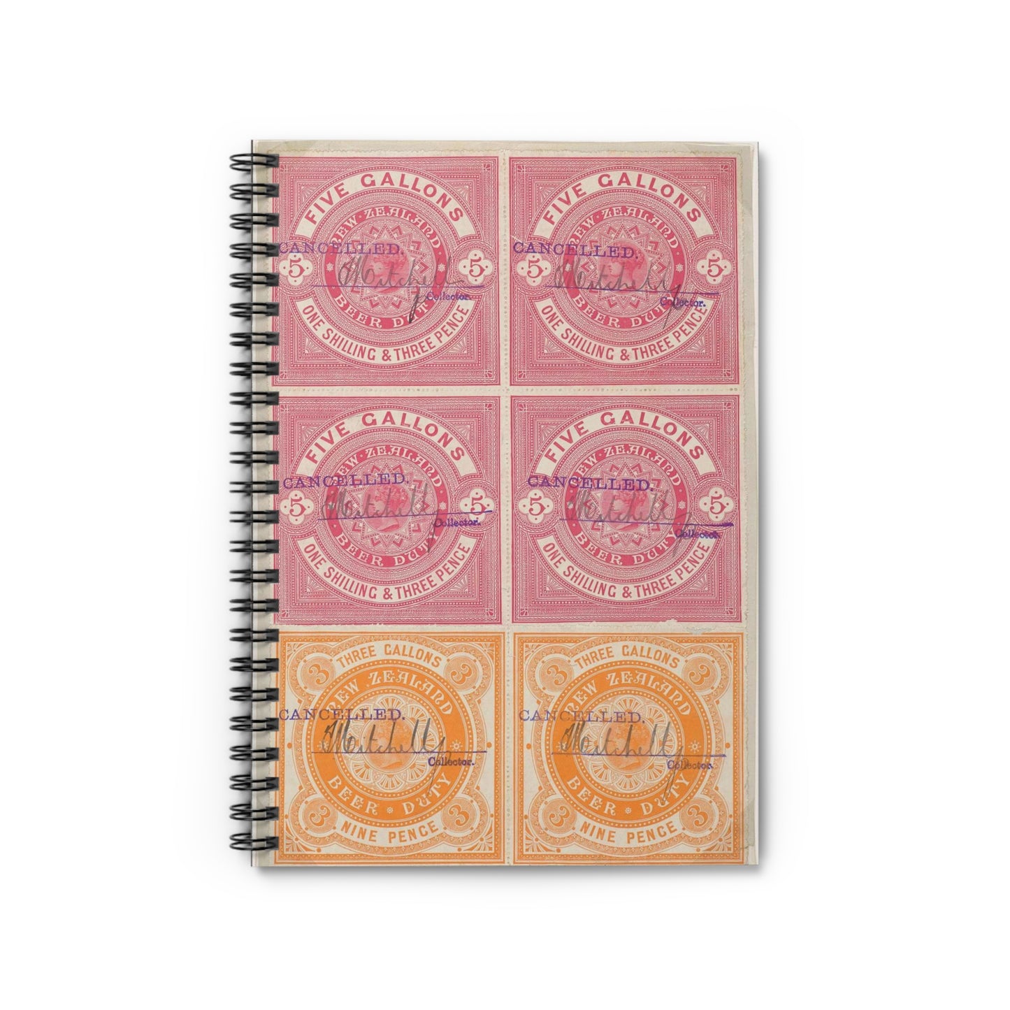 Beer duty stamps, five gallons and three gallons (cancelled) Spiral Bound Ruled Notebook with Printed Cover