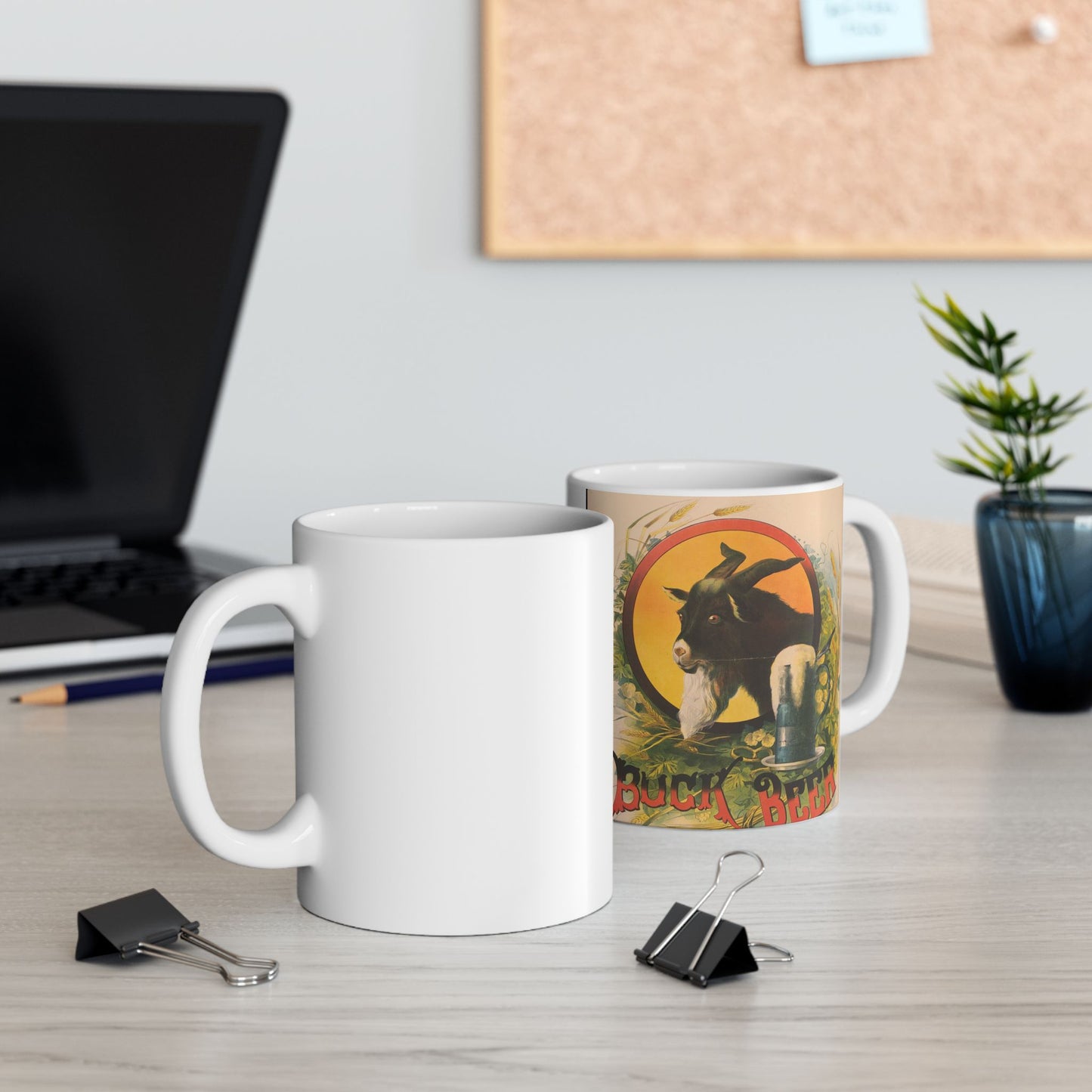 Bock Beer, the head of a goat inside an oval, with a stein of beer sitting on a bed of hops, underneath the oval Beautiful Novelty Ceramic Coffee Mug 11oz