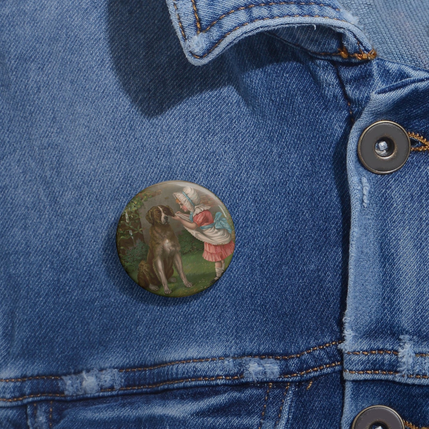 Girl in pink dress and white bonnet with dog Pin Buttons with Crisp Design