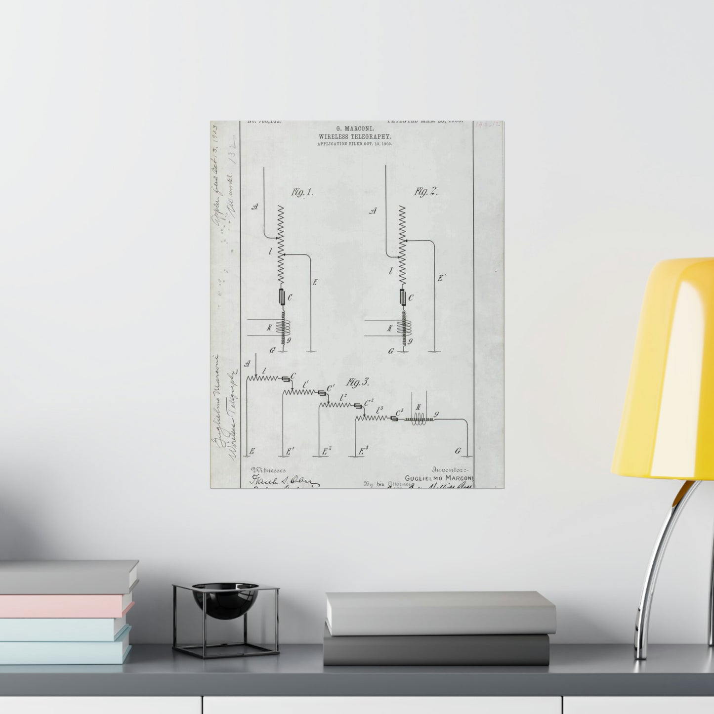 Patent drawing - for G. Marconi's Wireless Telegraphy Public domain  image High Quality Matte Wall Art Poster for Home, Office, Classroom