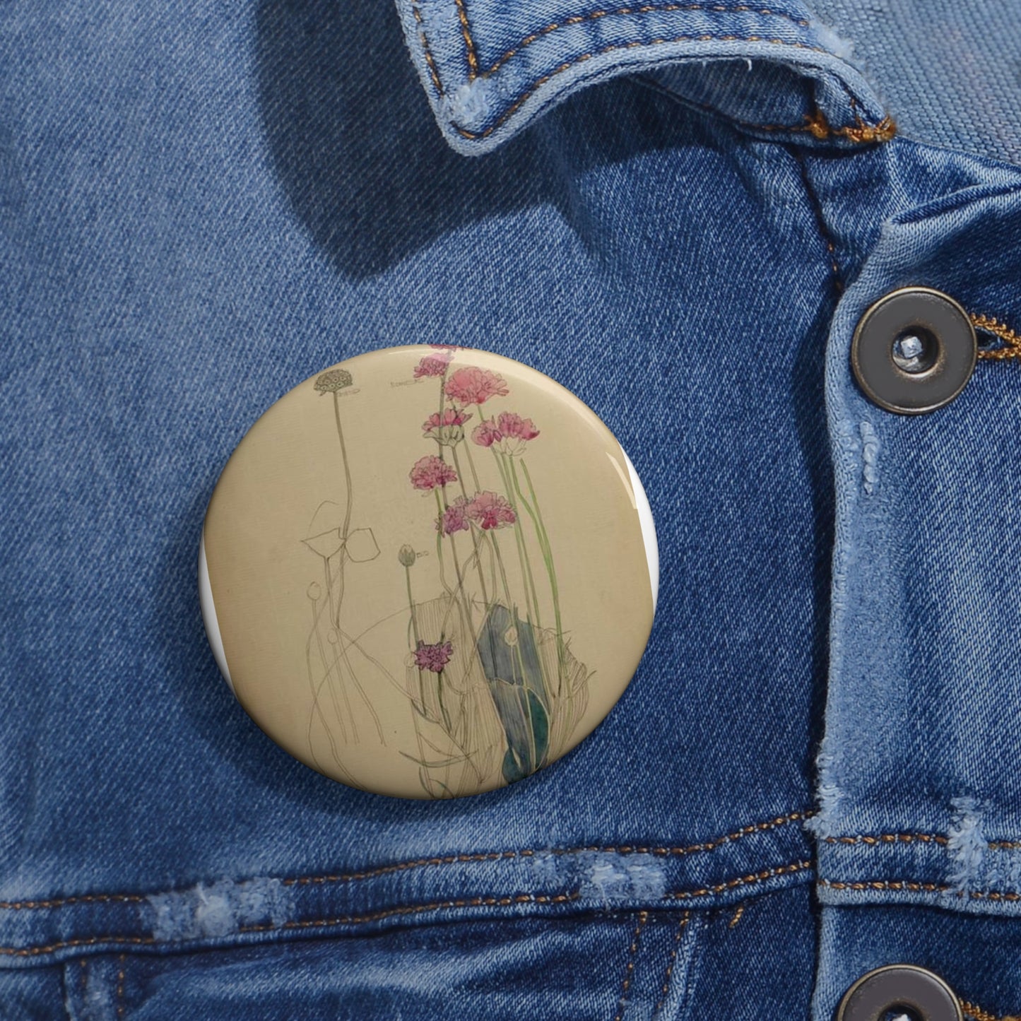 Sea Pink - Holy Island - Charles Rennie Mackintosh - 1901 Pin Buttons with Crisp Design