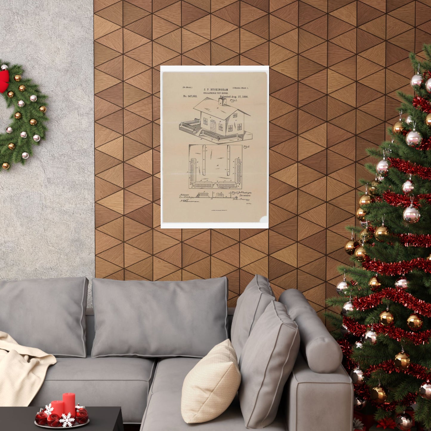 Patent Drawing of Engine - Drawing for a Collapsible Toy House Public domain  image High Quality Matte Wall Art Poster for Home, Office, Classroom