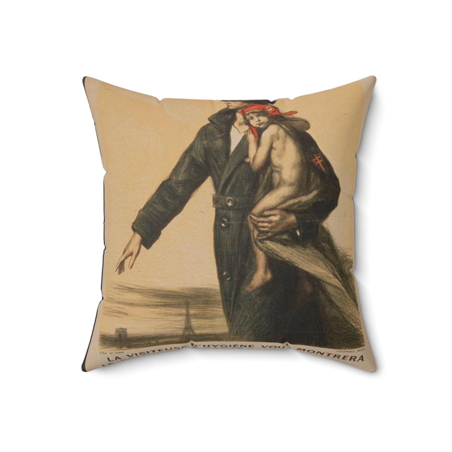 La visiteuse d'hygiéne vous montrera le chemin de la santé. Elle mène une croisade contre la tuberculose et la mortalité infantile. Soutenez-la! Decorative Accent Square Pillow