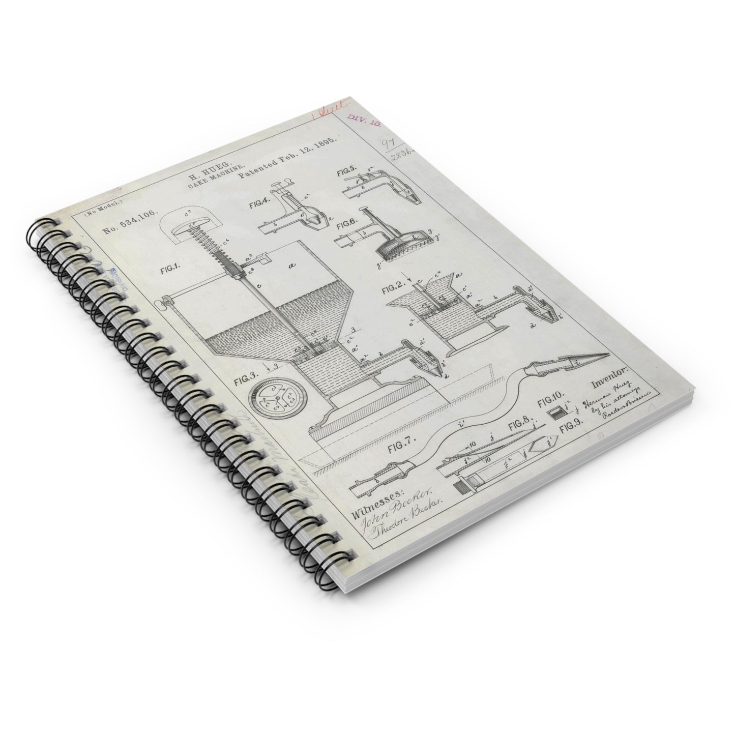 Patent Drawing of Engine - for H. Hueg's Cake Machine Public domain  image Spiral Bound Ruled Notebook with Printed Cover