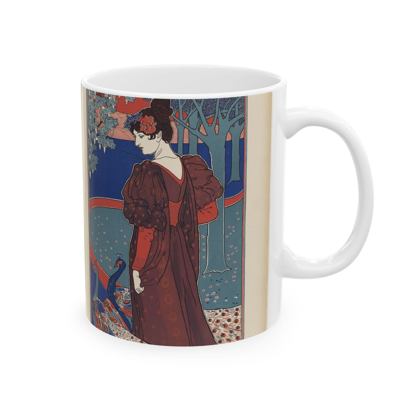 Louis Rhead - A woman stands looking at two peacocks. Beautiful Novelty Ceramic Coffee Mug 11oz