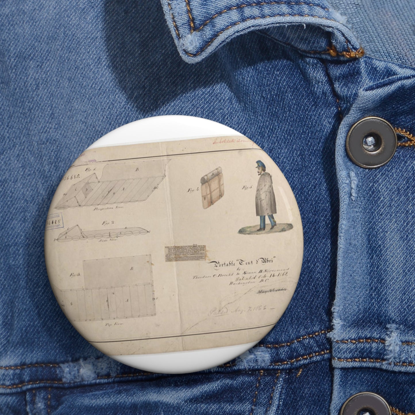 Patent drawing - Drawing of Portable Tent and Abri Public domain  image Pin Buttons with Crisp Design