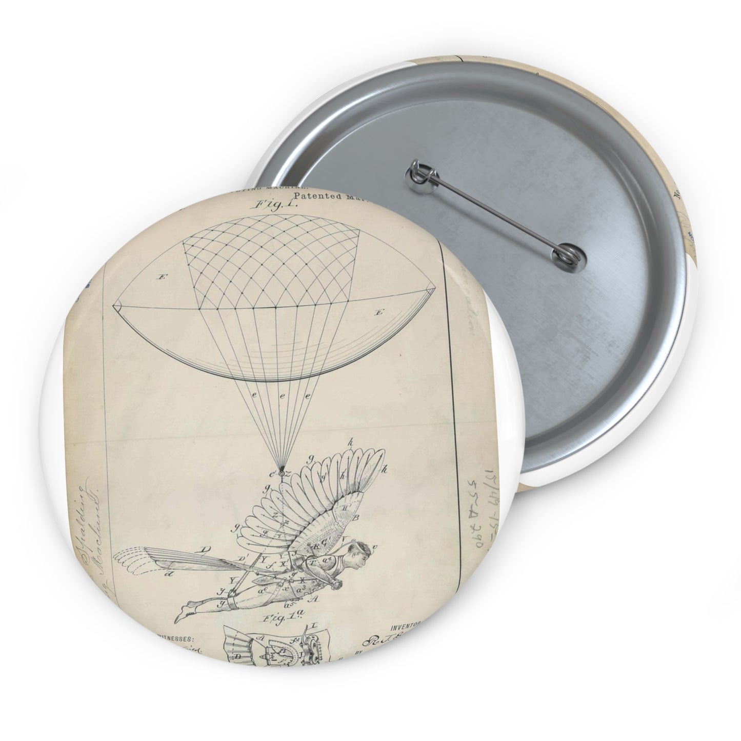 Patent drawing - for R. J. Spalding's Flying Machine Public domain  image Pin Buttons with Crisp Design