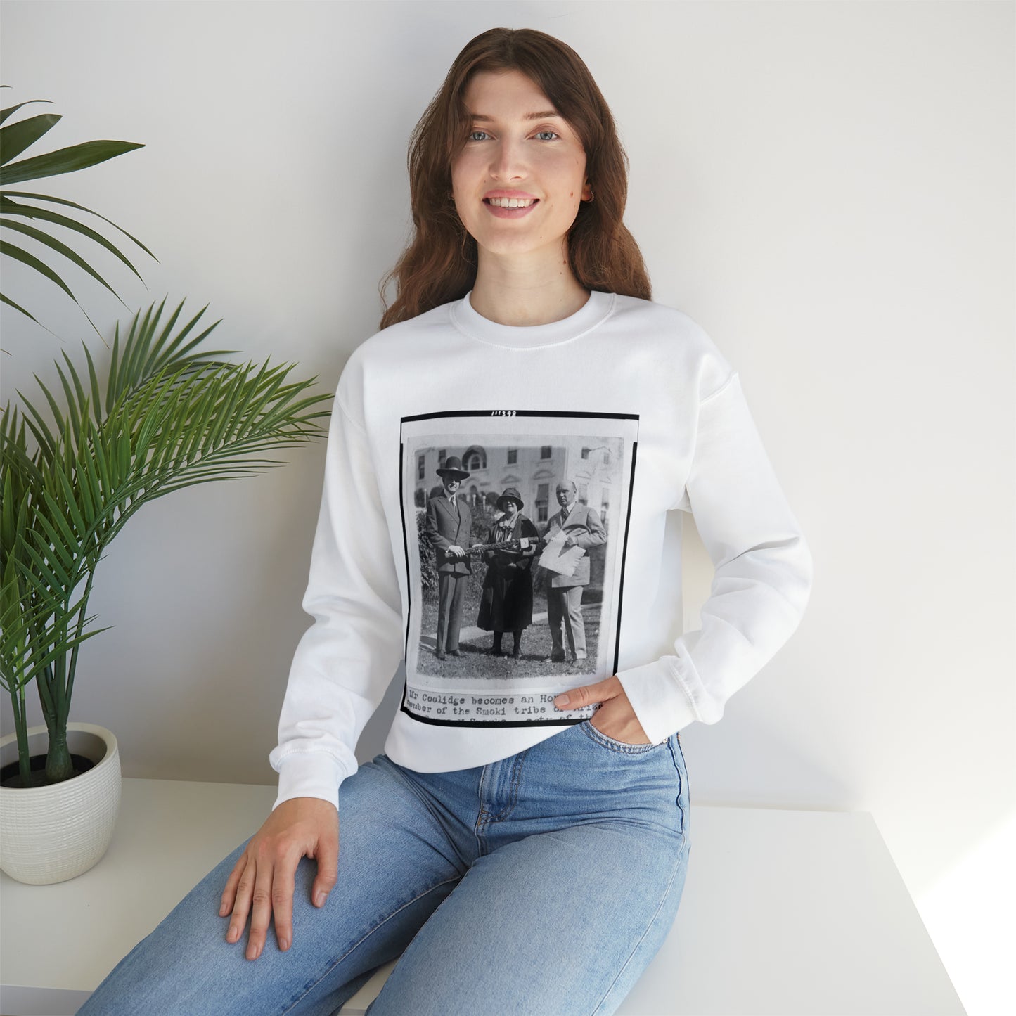 Mr. Coolidge becomes an honorary member of the Smoki [i.e., Hopi] tribe of Arizona--Miss Grace M. Sparks, Secty. of the Chamber of Commerce of Prescott, Ariz. and H.M. Watkins, Secty. of the Chamber of Phoenix White Heavy Blend Adult Crew Neck SweatShirt