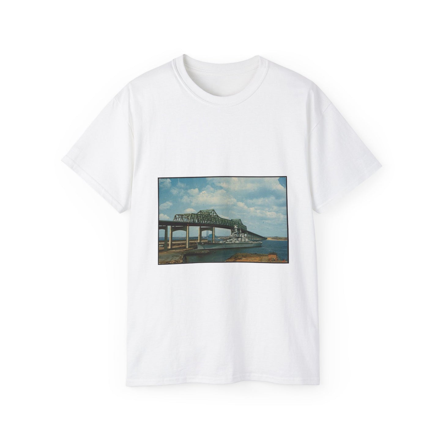 The battleship U.S.S. Massachusetts and Braga Bridge, Fall River, Massachusetts White T-Shirt Gildan 2000 Cotton Unisex