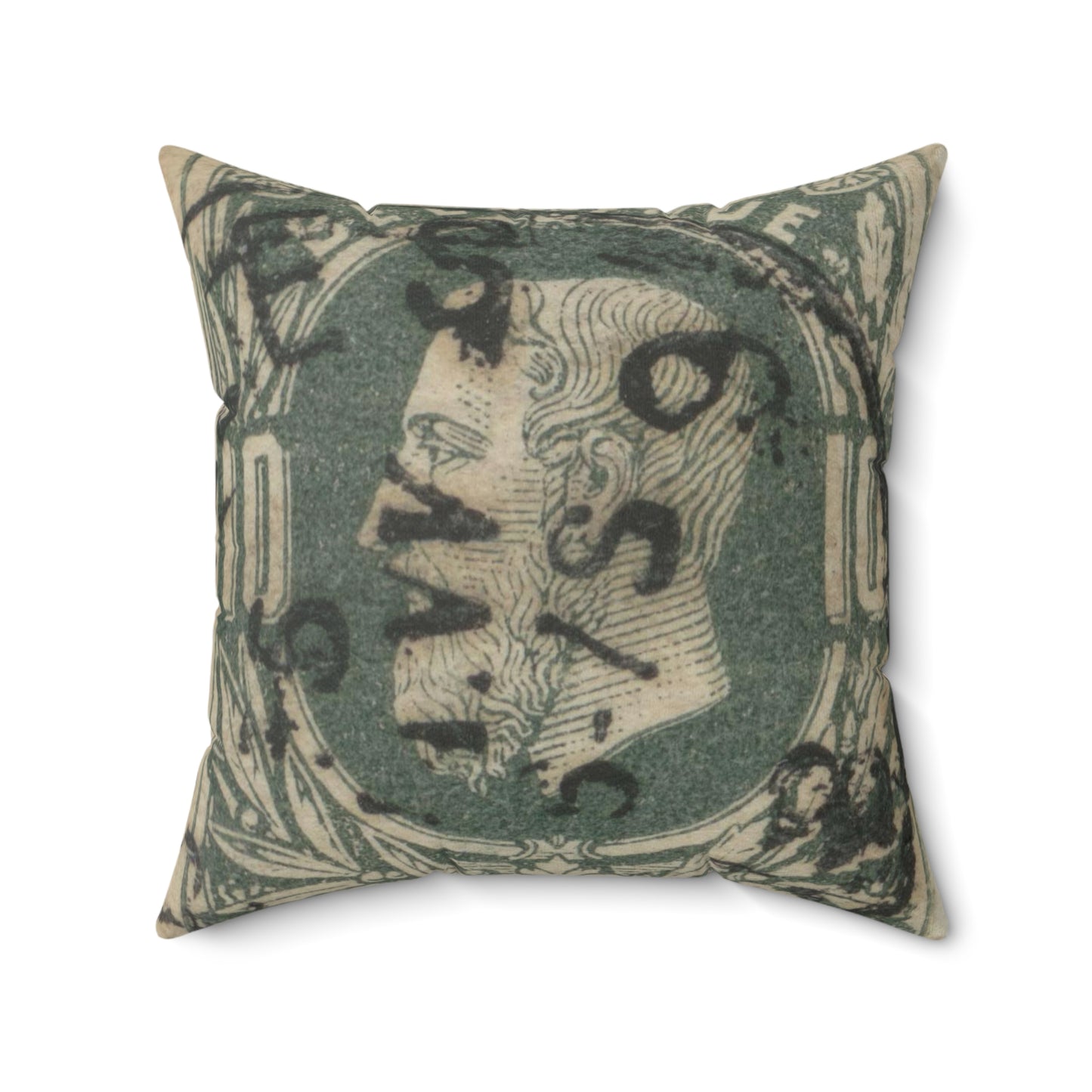 Frimärke ur Gösta Bodmans filatelistiska motivsamling, påbörjad 1950.Frimärke från Belgien, 1869. Motiv av lagerkvistar. "Kung Léopold II". Decorative Accent Square Pillow