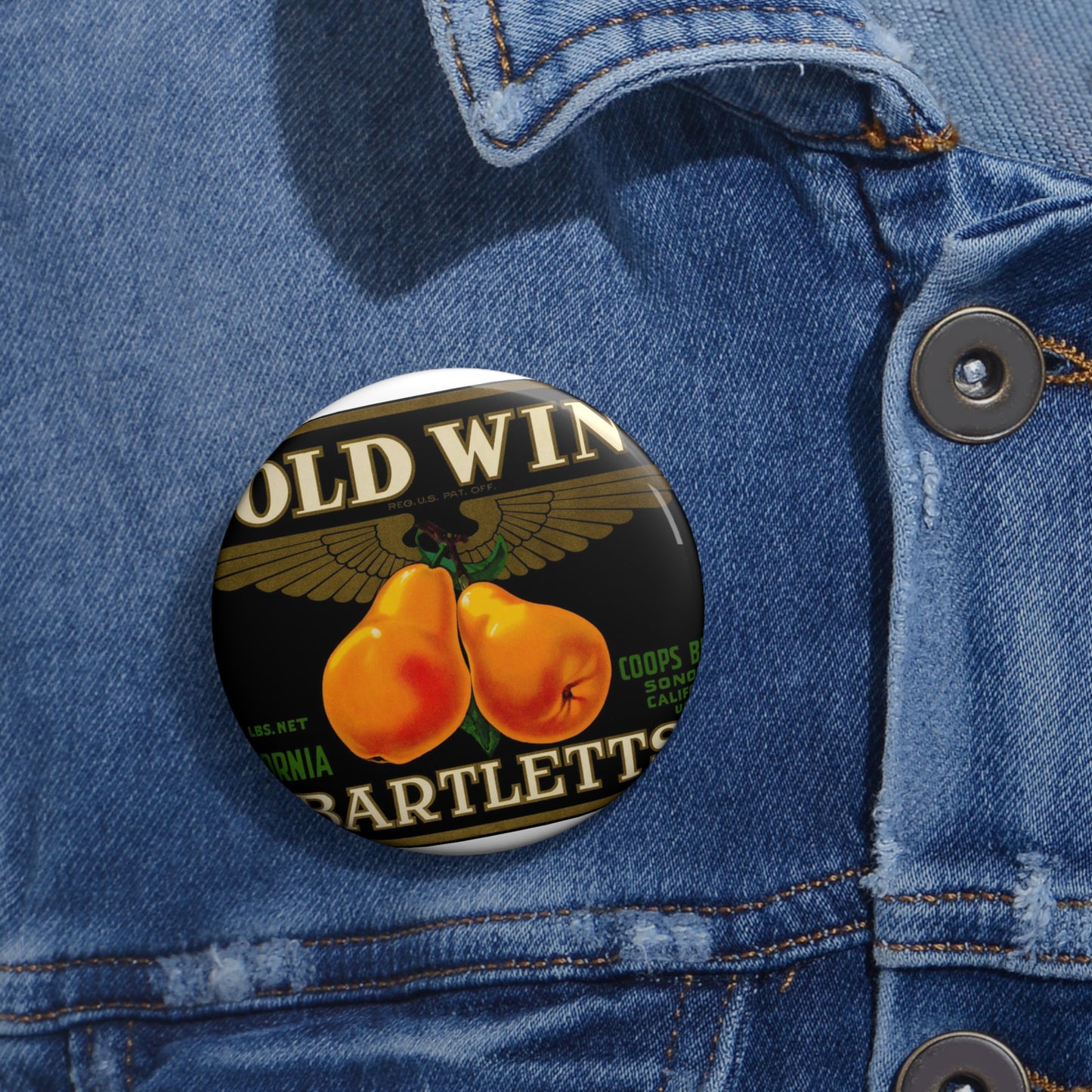 Gold Wing: Bartletts, California, Coops Bros., Sonoma, California, U.S.A. Pin Buttons with Crisp Design