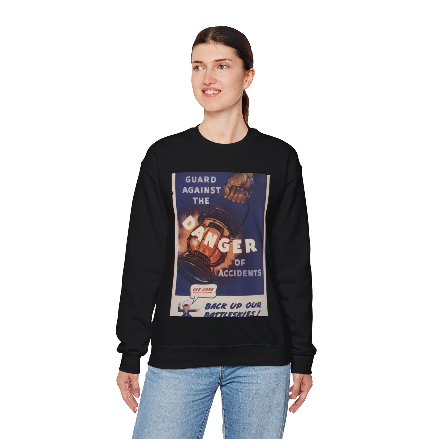 Guard against the danger of accidents. Back up our battleskies^ - NARA - 535358 Black Heavy Blend Adult Crew Neck SweatShirt