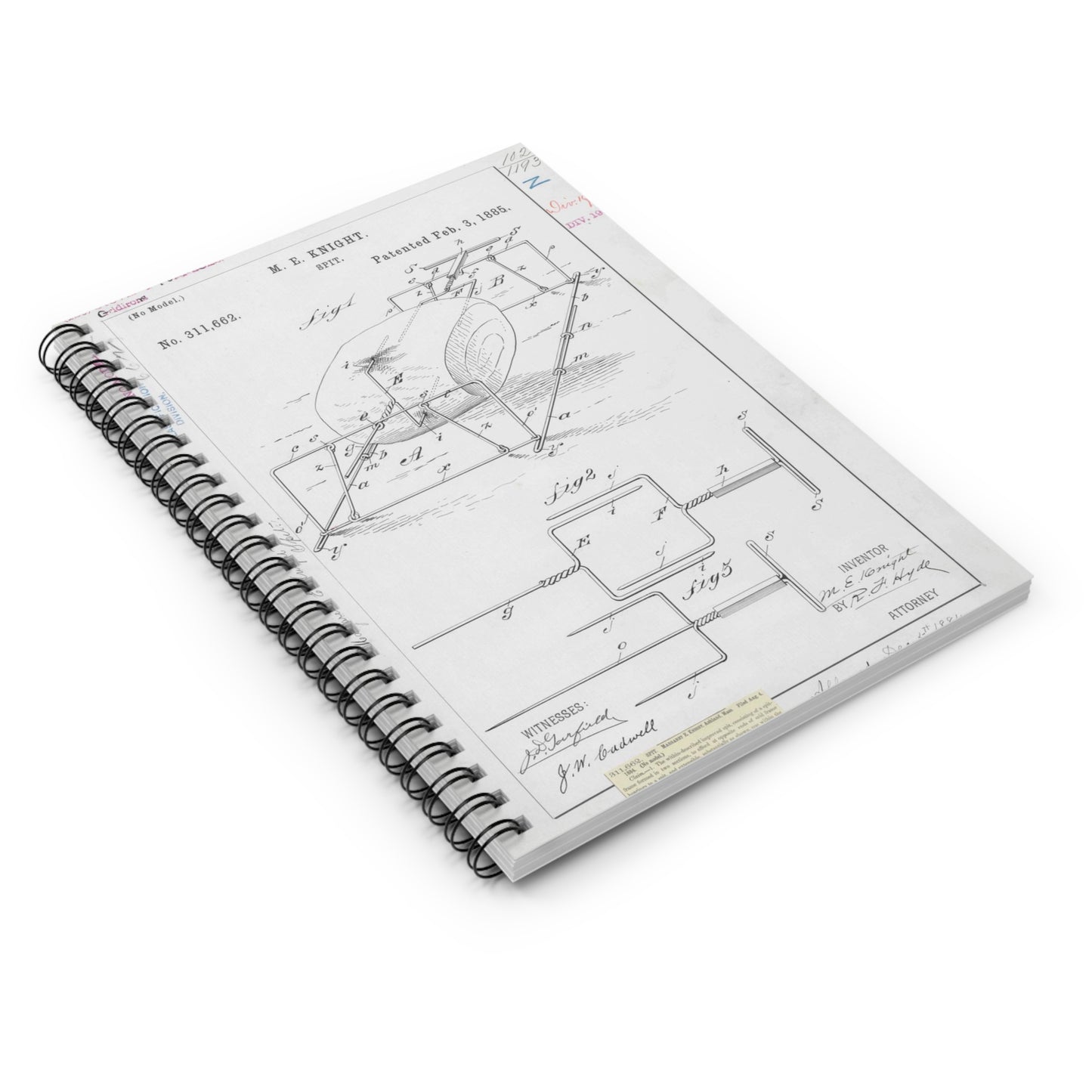 Patent drawing - for M. E. Knight's Spit Public domain  image Spiral Bound Ruled Notebook with Printed Cover