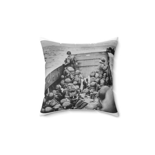 Photograph of Soldiers Crouching Behind the Bulwarks of a Coast Guard Landing Barge Decorative Accent Square Pillow