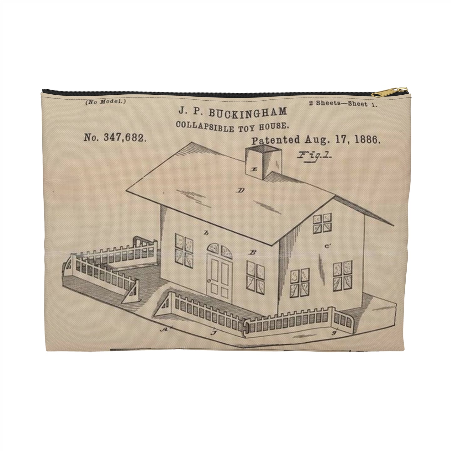 Patent Drawing of Engine - Drawing for a Collapsible Toy House Public domain  image Large Organizer Pouch with Black Zipper