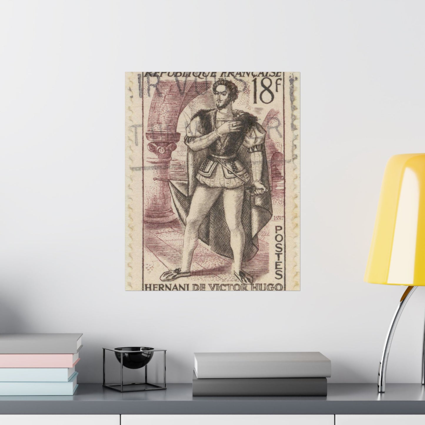 Frimärke ur Gösta Bodmans filatelistiska motivsamling, påbörjad 1950.Frimärke från FRanskrike, 1953. Motiv av "Herani": skådespel av Victor Hugo. High Quality Matte Wall Art Poster for Home, Office, Classroom