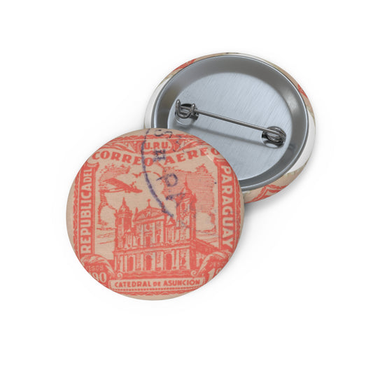 Frimärke ur Gösta Bodmans filatelistiska motivsamling, påbörjad 1950.Frimärke från Papaguay, 1930. Motiv av katedralen Asinción. Pin Buttons with Crisp Design