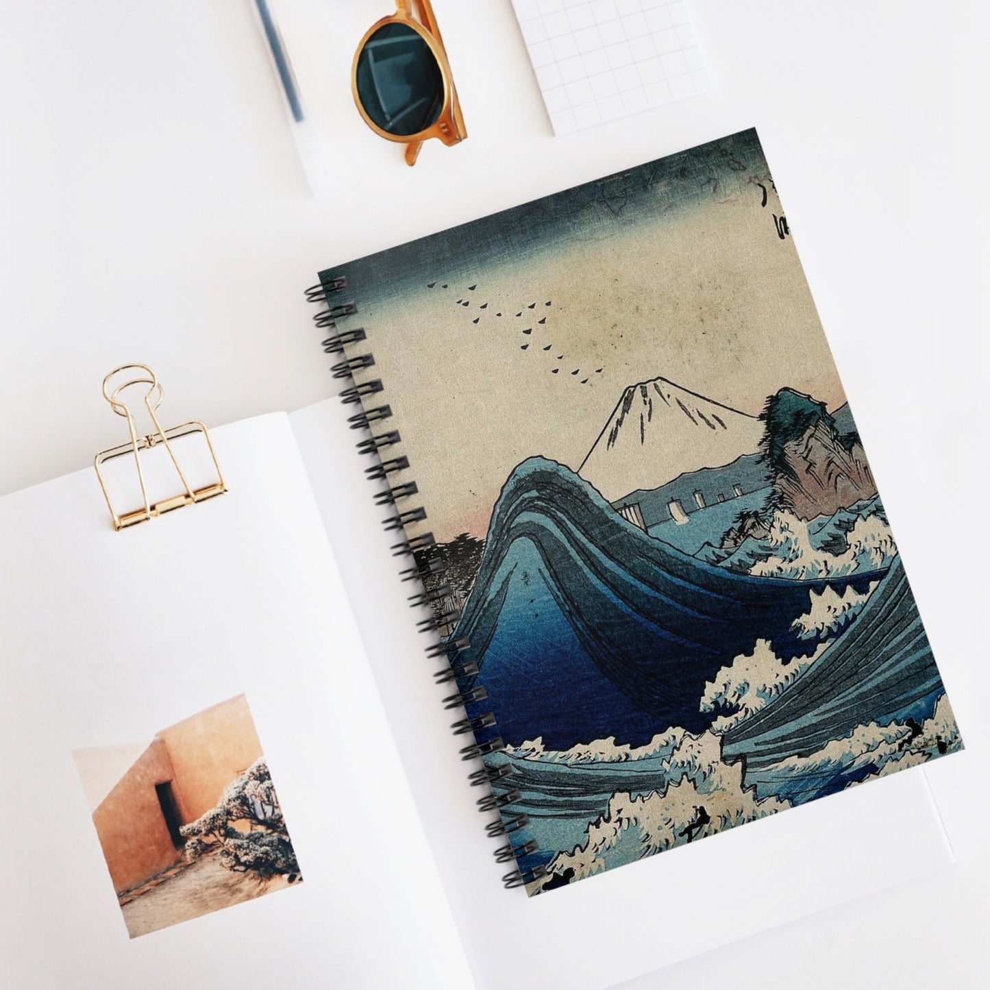 Mount Fuji seen through the waves at Manazato no hama, in the Izu Penisula, south of the mountain. Colour woodcut by Hiroshige, 1852 Spiral Bound Ruled Notebook with Printed Cover