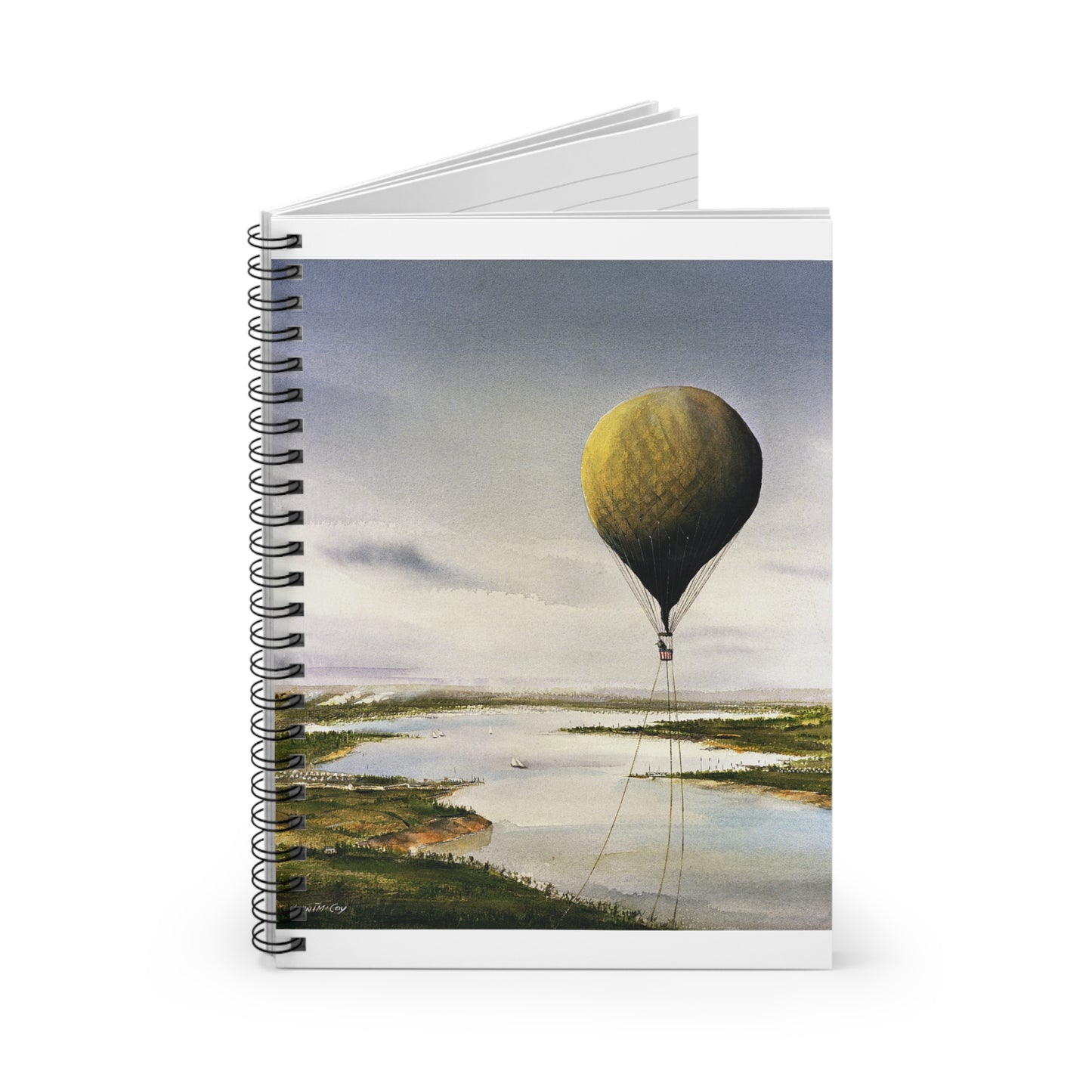 Artwork: "T.S.C. Lowe's Ballon Tethered at 1,000 Feet Above the York River in 1862". Artist: John McCoy Spiral Bound Ruled Notebook with Printed Cover