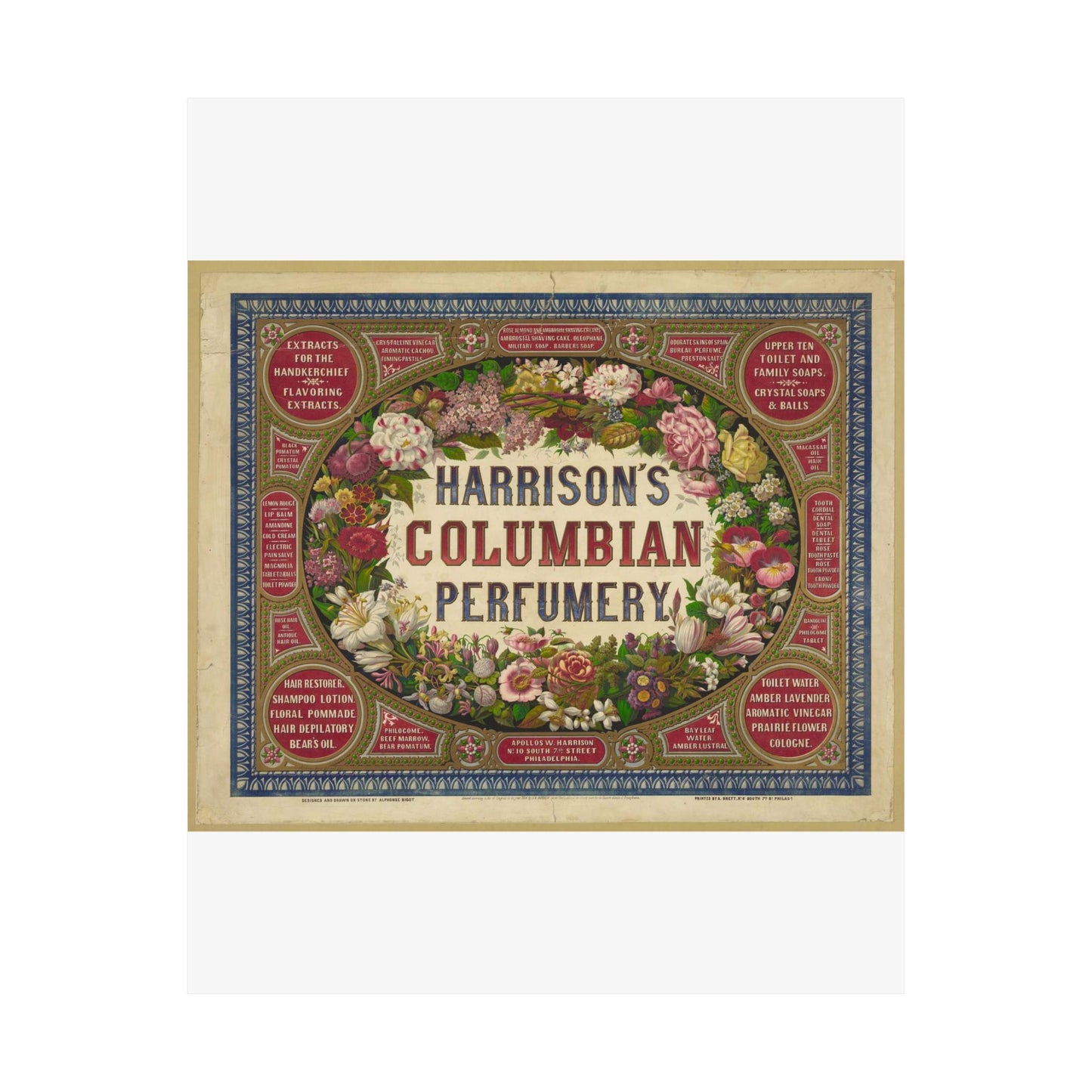 Harrison's Columbian perfumery / Designed and drawn on stone by Alphonse Bigot. High Quality Matte Wall Art Poster for Home, Office, Classroom