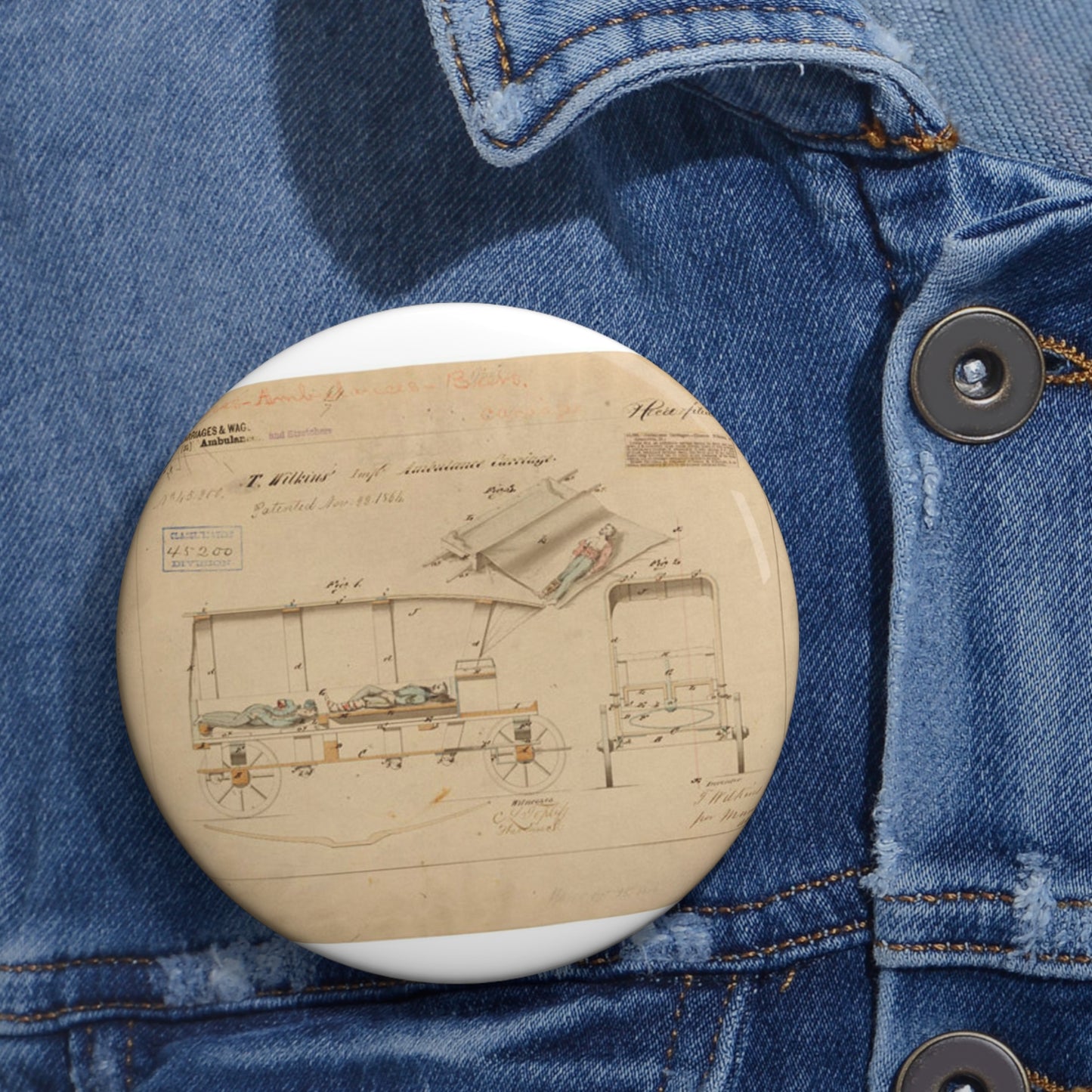 Patent drawing - Drawing of Improved Ambulance Carriage Public domain  image Pin Buttons with Crisp Design