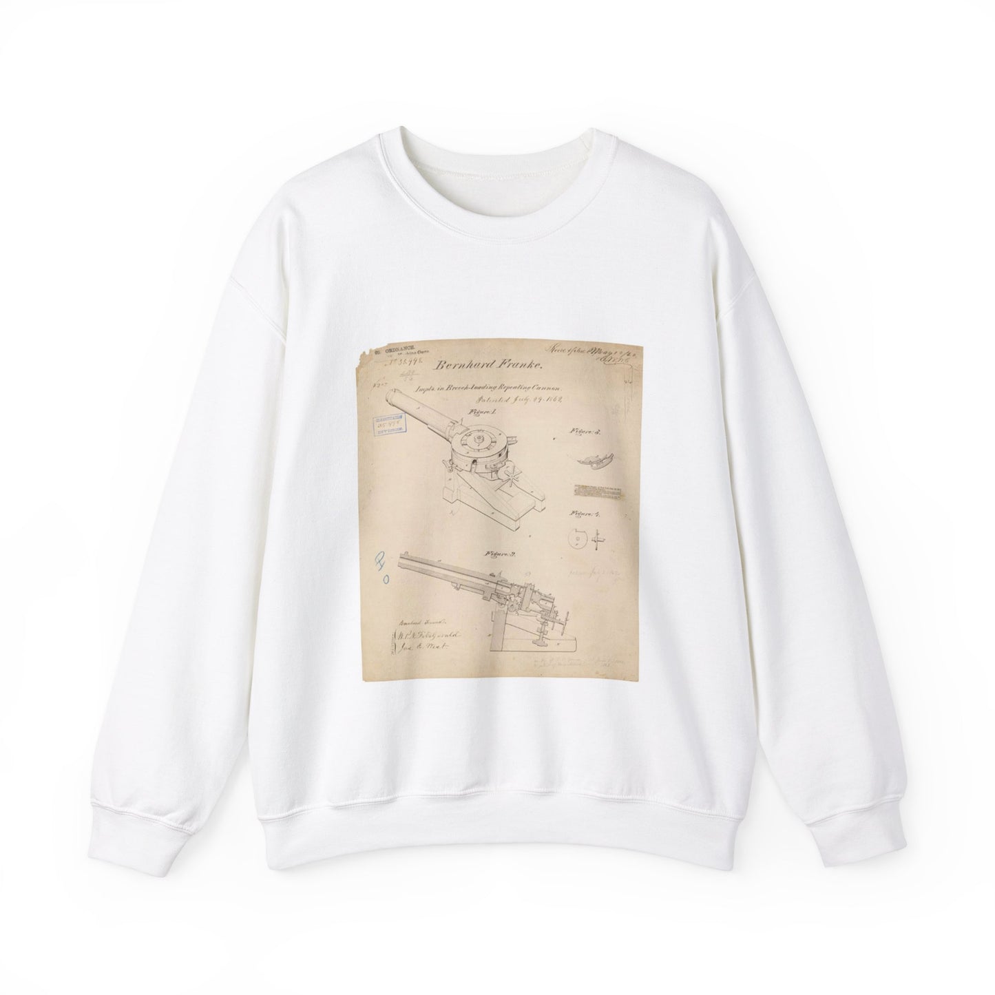 Patent drawing - Drawing of Improvements in Breech-Loading Repeating Cannon Public domain  image White Heavy Blend Adult Crew Neck SweatShirt