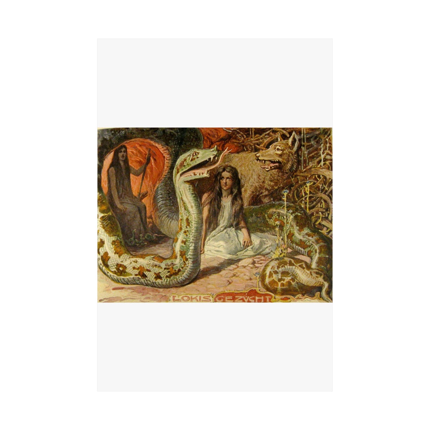 Lokis Gezücht - A painting of a woman sitting in front of a snake High Quality Matte Wall Art Poster for Home, Office, Classroom