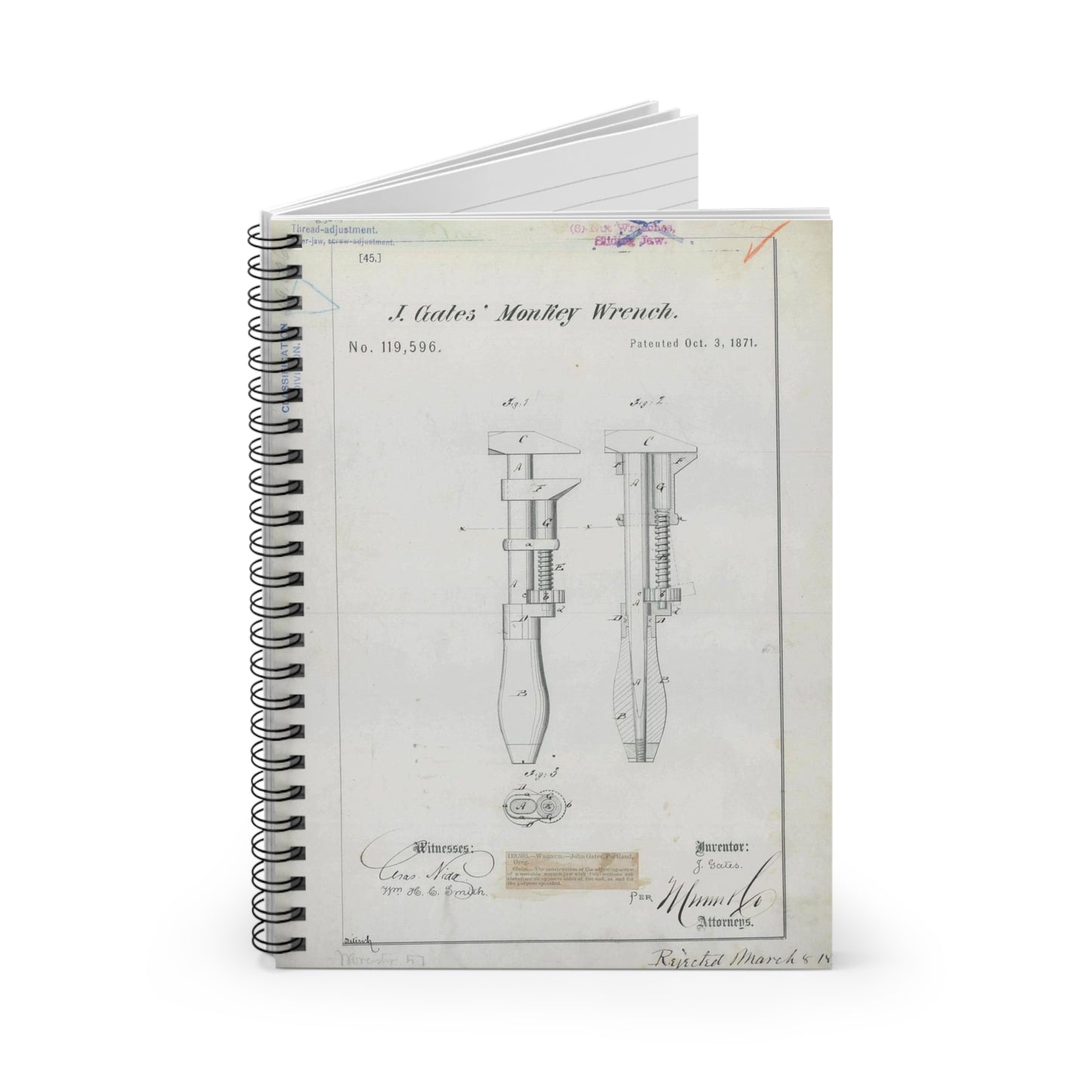 Patent Drawing of Engine - for J. Gates' Monkey Wrench Public domain  image Spiral Bound Ruled Notebook with Printed Cover