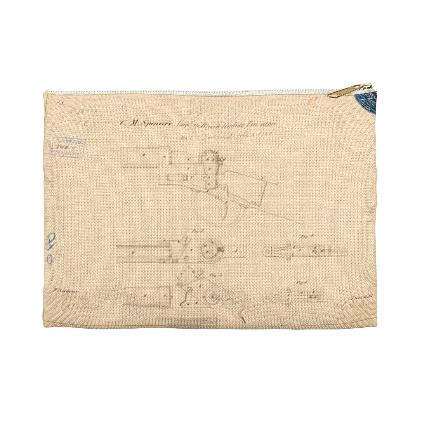 Patent Drawing of Engine - Drawing of Improvements in Breech Loading Fire Arms Public domain  image Large Organizer Pouch with Black Zipper