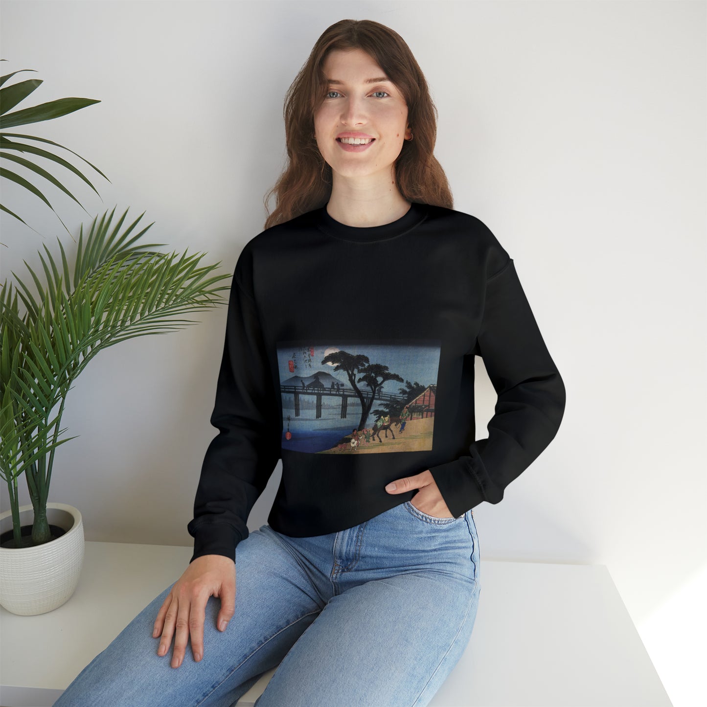 Hiroshige Man on horseback crossing a bridge Black Heavy Blend Adult Crew Neck SweatShirt