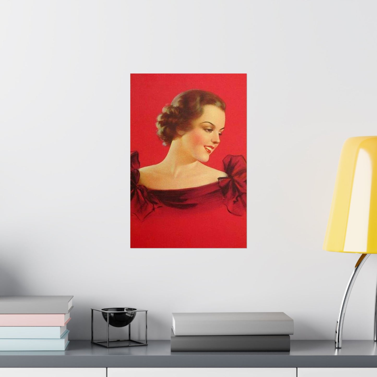 Brunette girl head, red background, painting by Edward Mason Eggleston High Quality Matte Wall Art Poster for Home, Office, Classroom