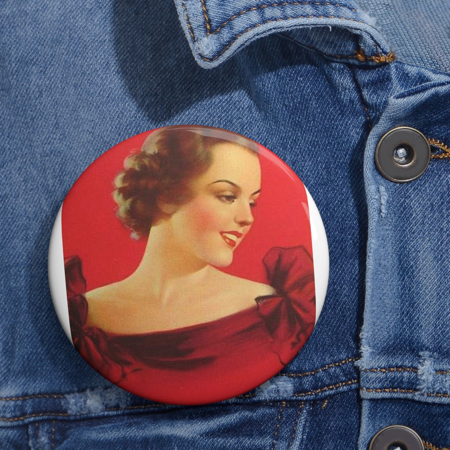 Brunette girl head, red background, painting by Edward Mason Eggleston Pin Buttons with Crisp Design