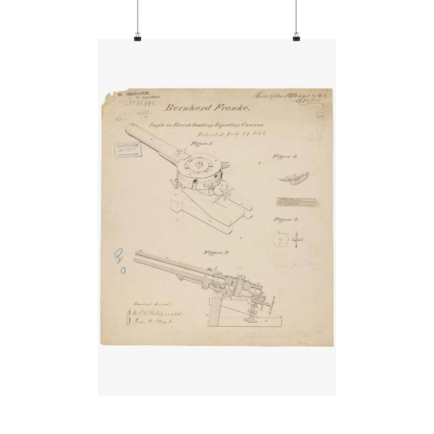 Patent drawing - Drawing of Improvements in Breech-Loading Repeating Cannon Public domain  image High Quality Matte Wall Art Poster for Home, Office, Classroom