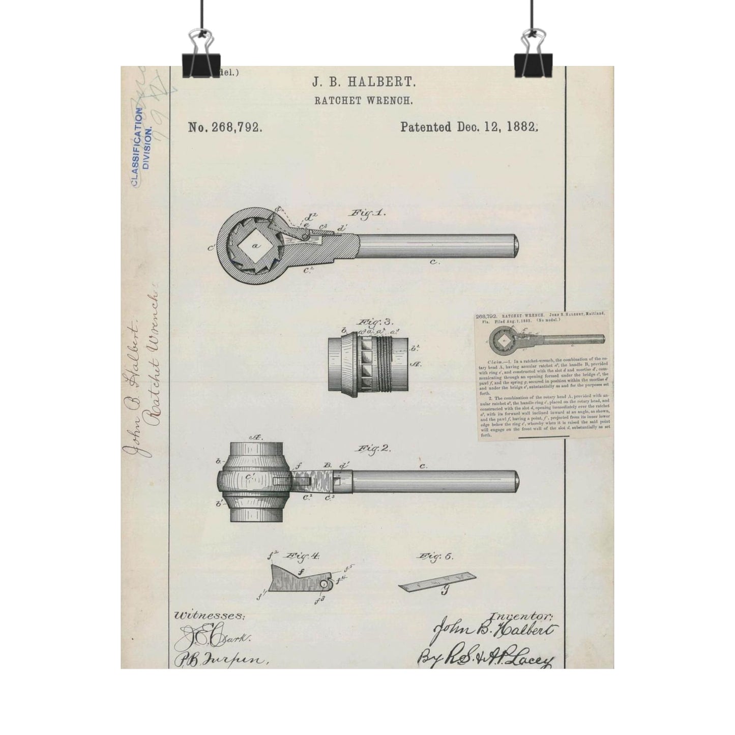 Patent Drawing of Engine - for J. B. Halbert's Ratchet Wrench Public domain  image High Quality Matte Wall Art Poster for Home, Office, Classroom