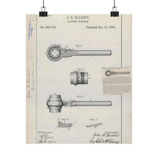 Patent Drawing of Engine - for J. B. Halbert's Ratchet Wrench Public domain  image High Quality Matte Wall Art Poster for Home, Office, Classroom