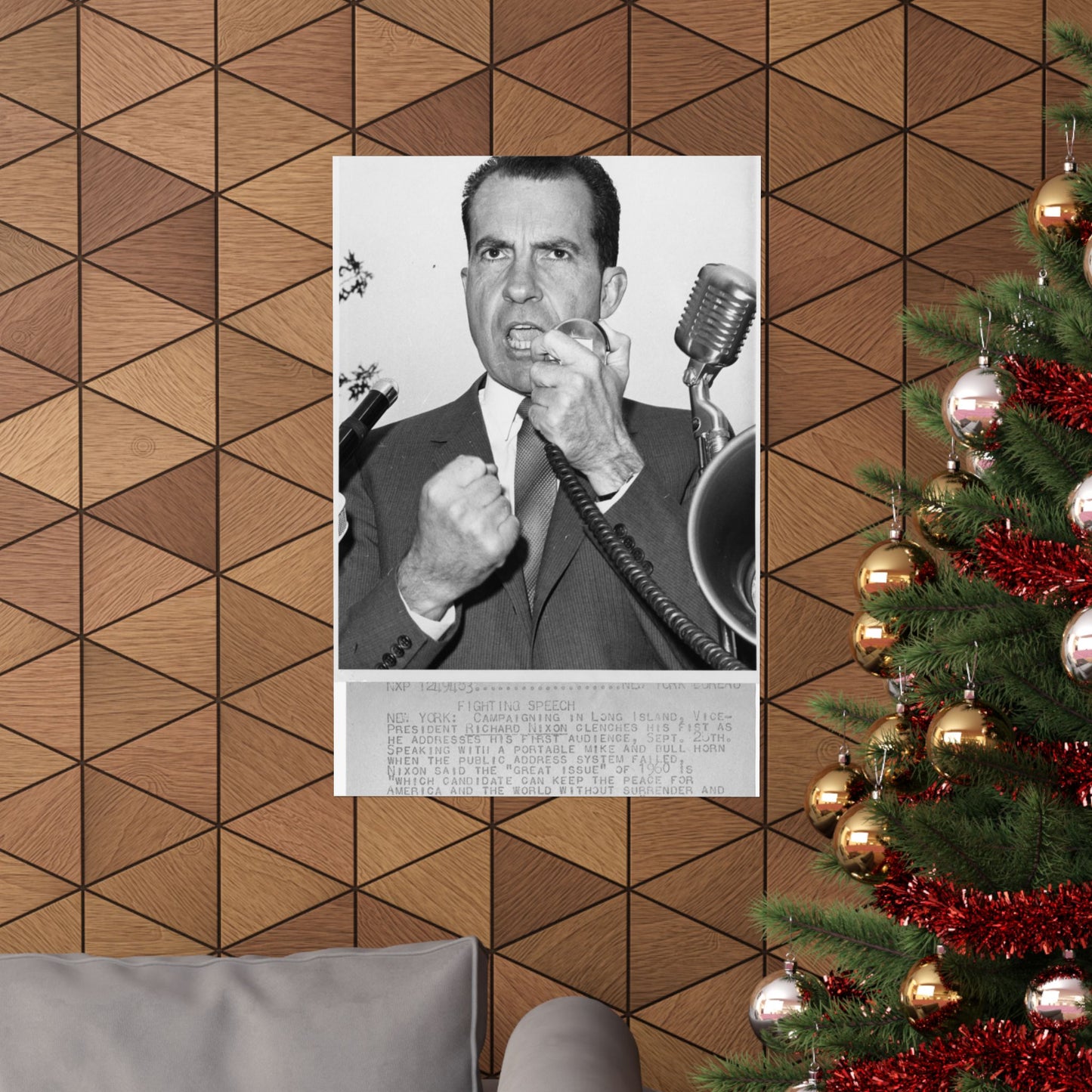 Richard Nixon clinches his fist as he addresses his first audience in Long Island, New York High Quality Matte Wall Art Poster for Home, Office, Classroom